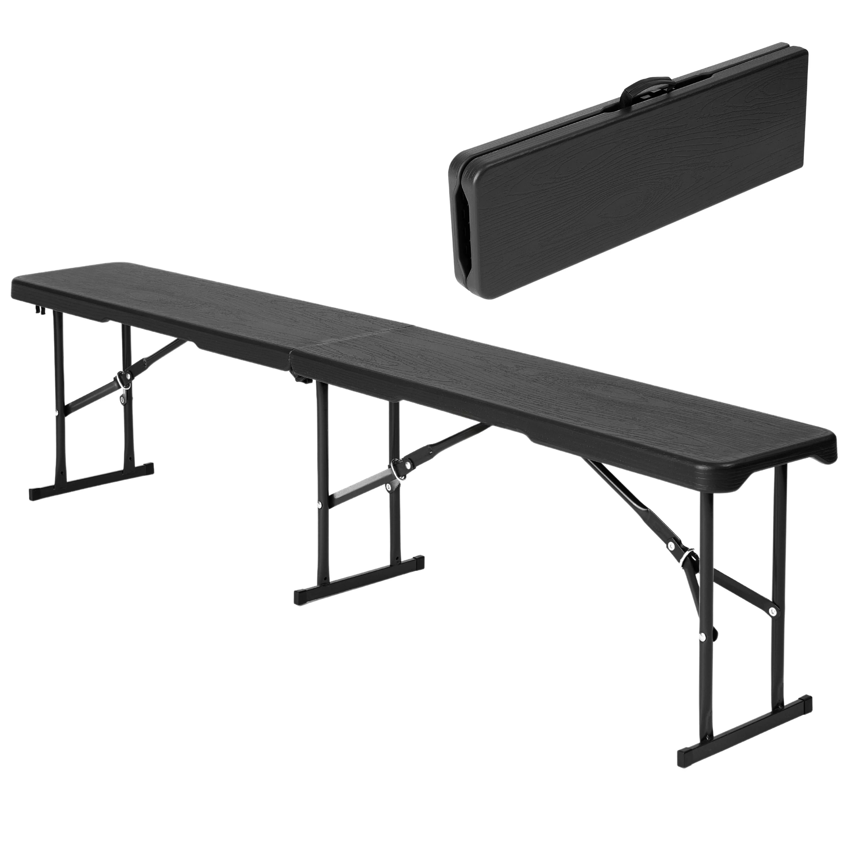 black folding bench shown open and folded