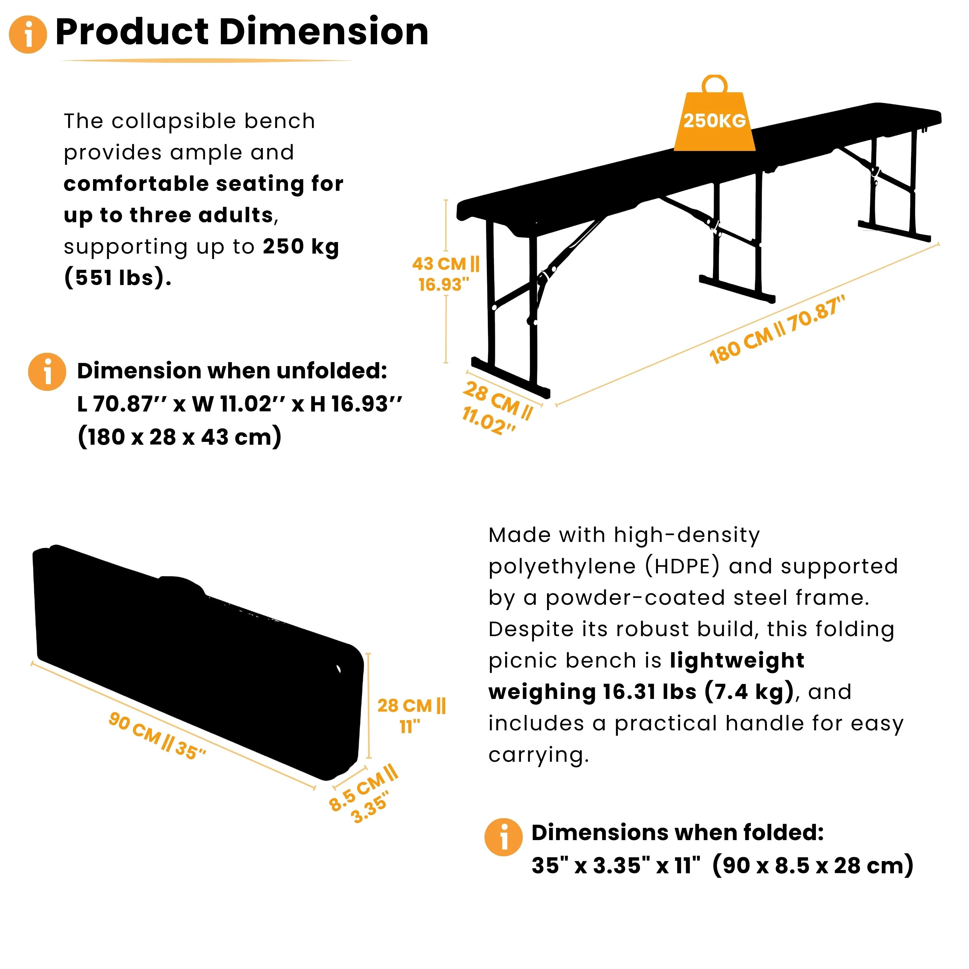product dimensions of black folding bench displayed