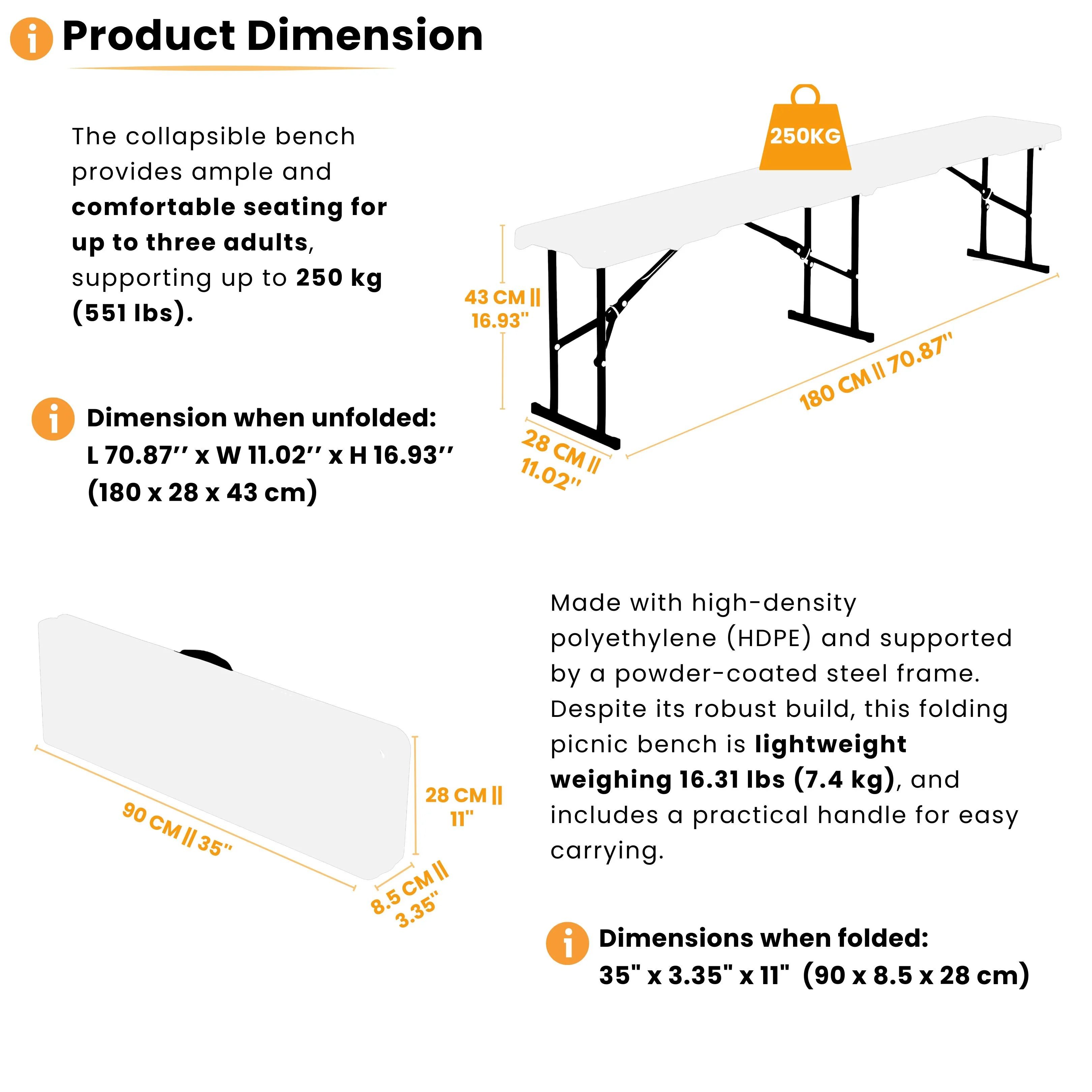 product dimensions of white folding bench