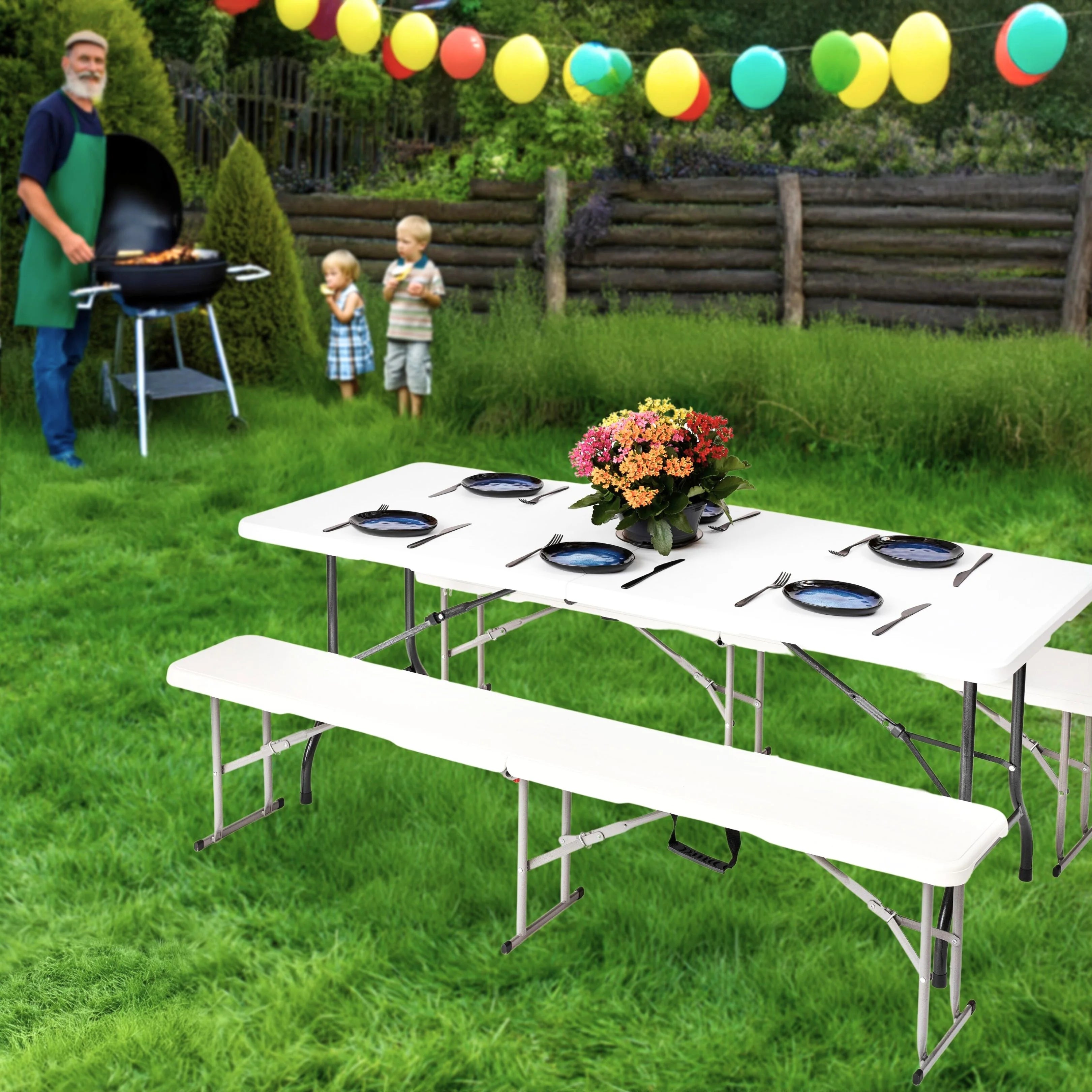 white folding bench and table in a party