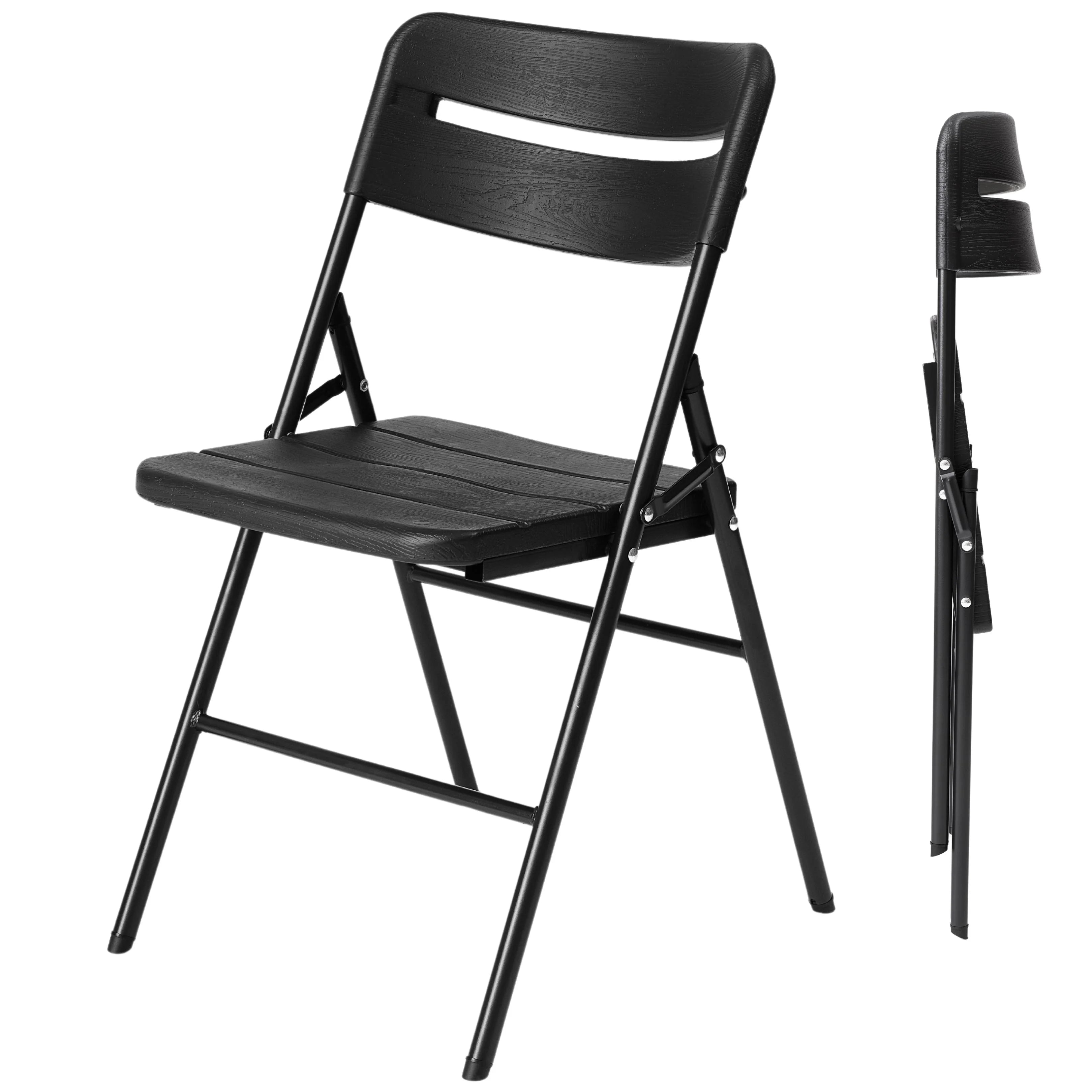 black folding chair shown open and folded