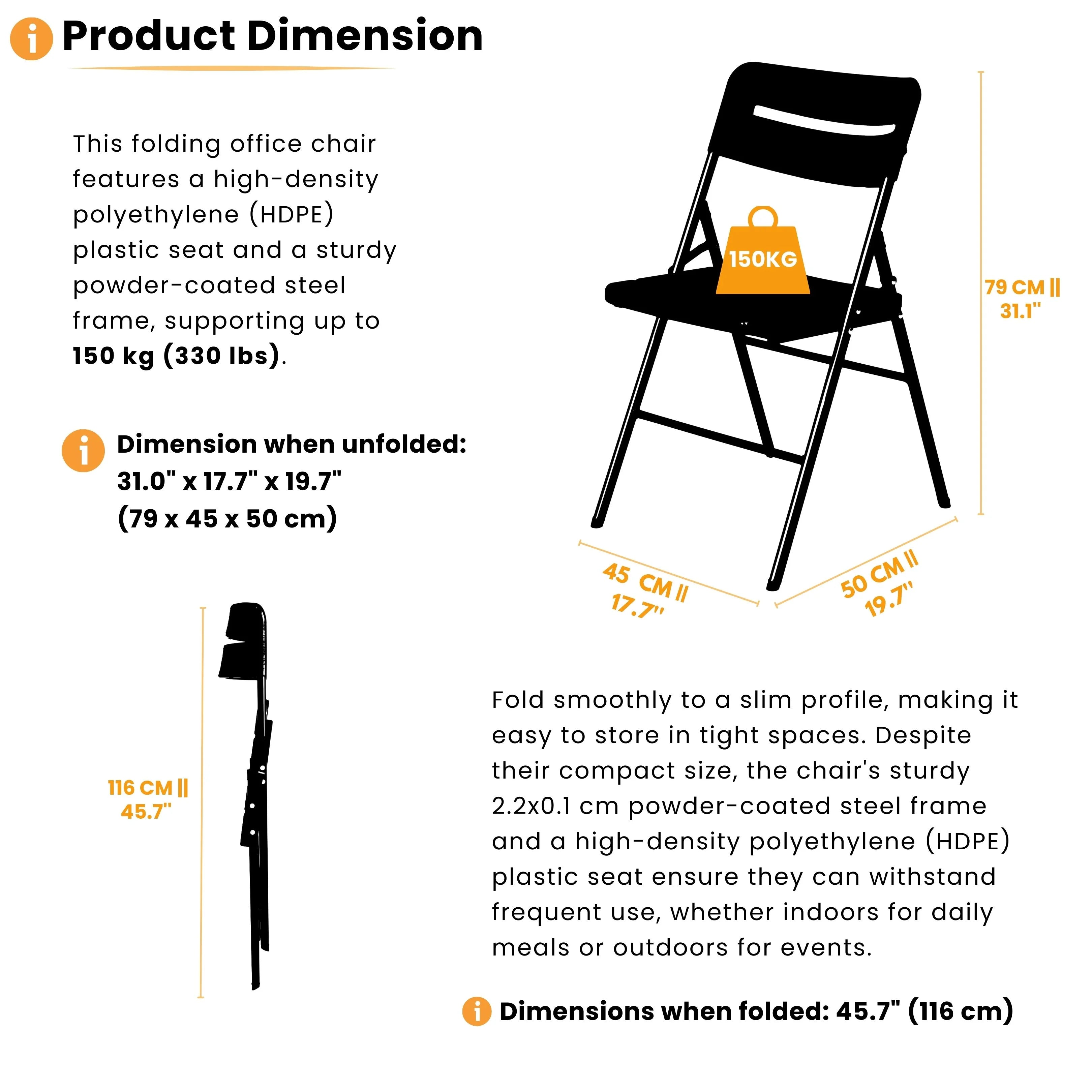 product dimensions of black folding chair displayed
