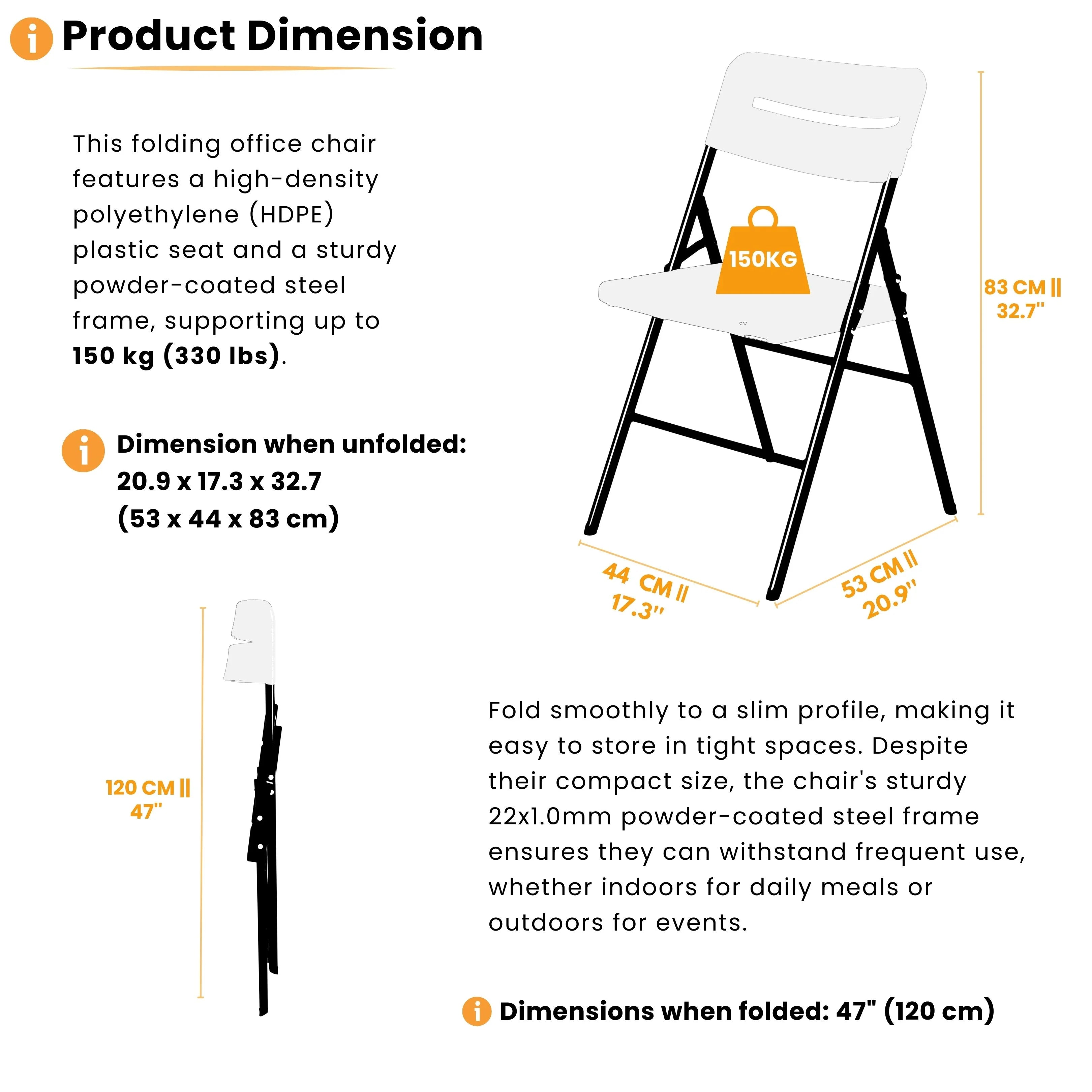product dimensions of white folding chair