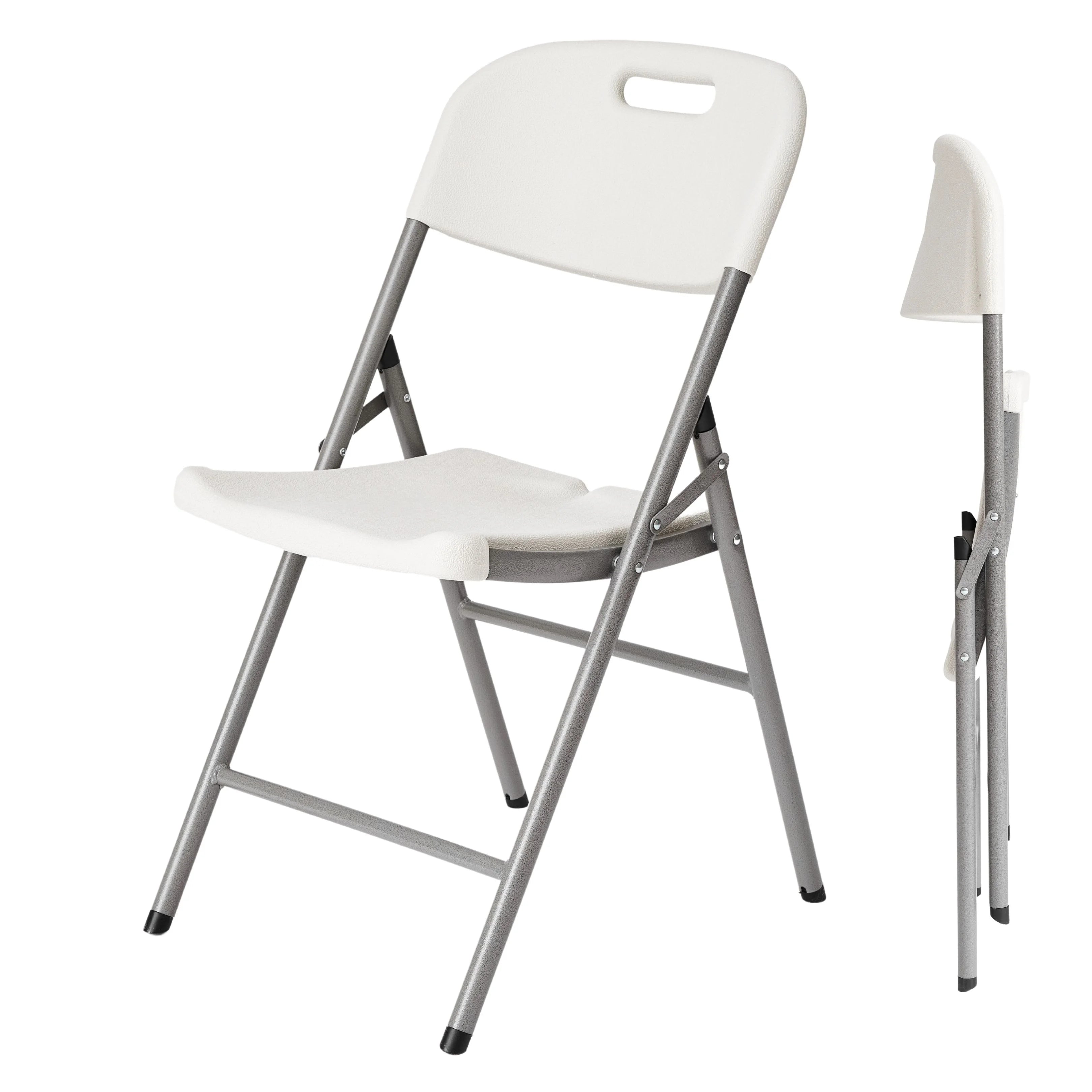 white folding chair shown open and folded