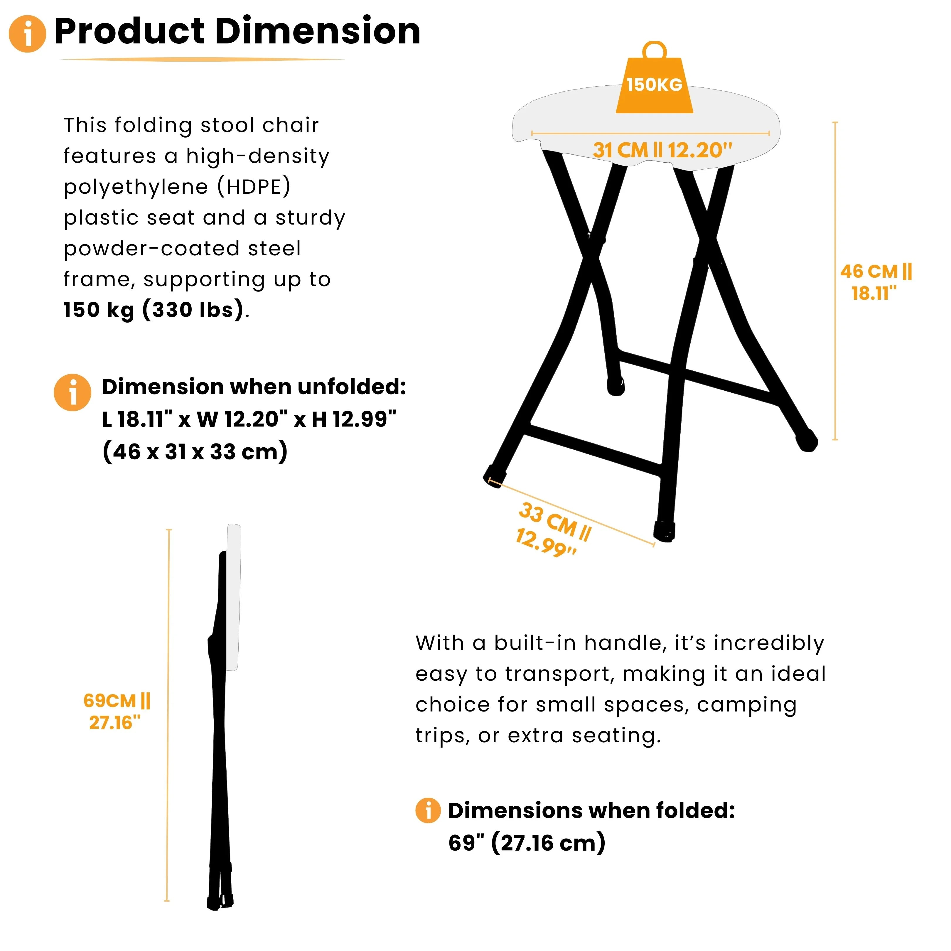 product dimensions of white folding stool