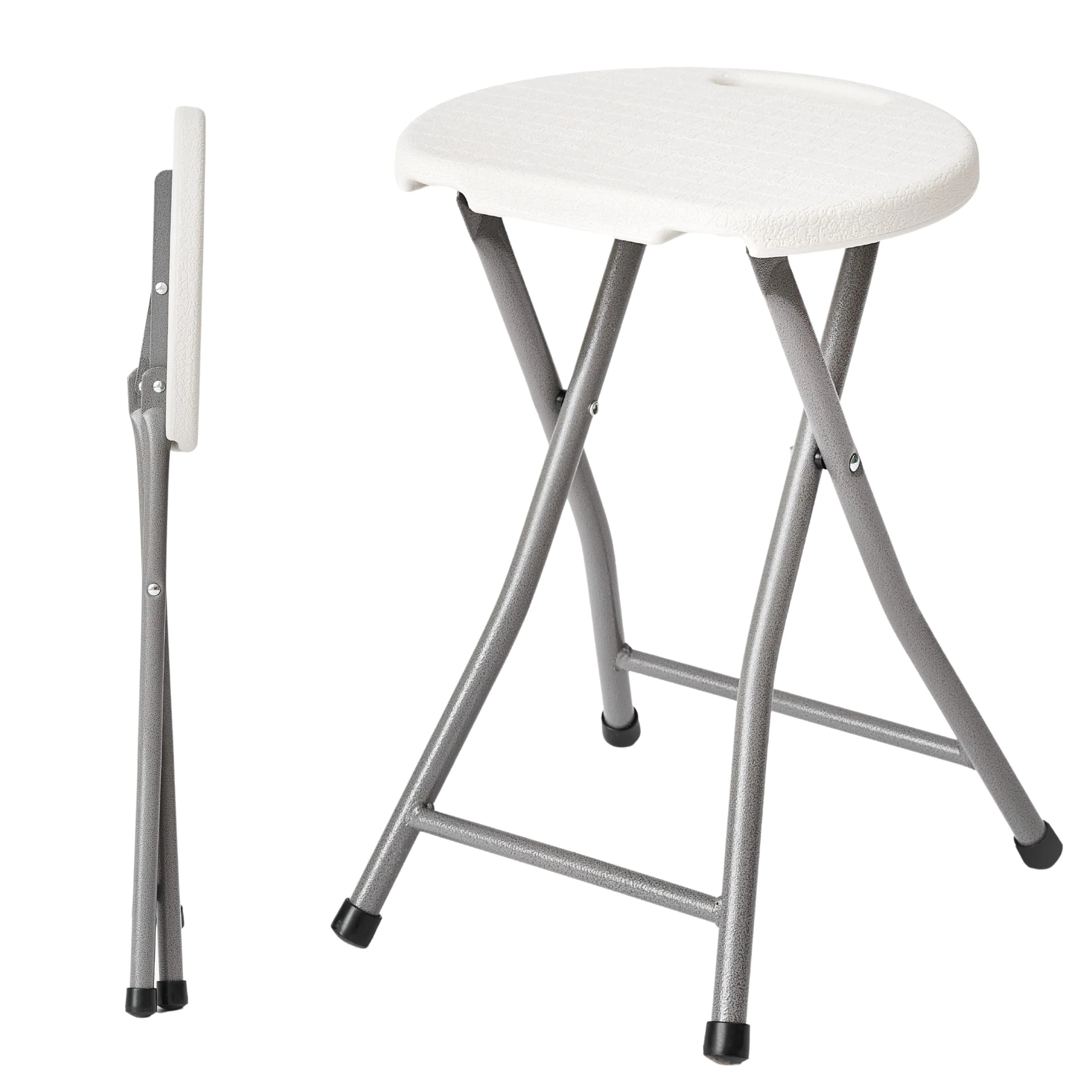 white folding stool shown open and folded