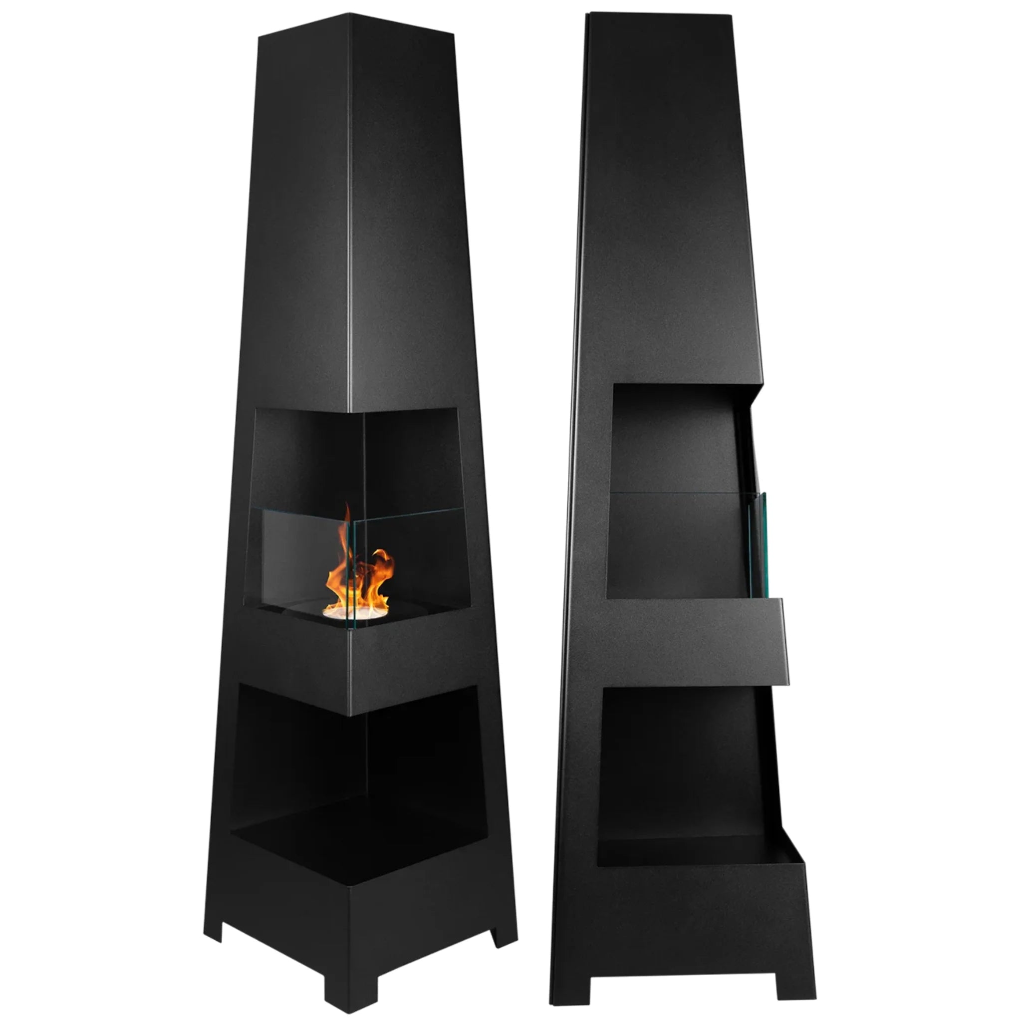 modern black bioethanol fireplace featuring a warm fire glowing within