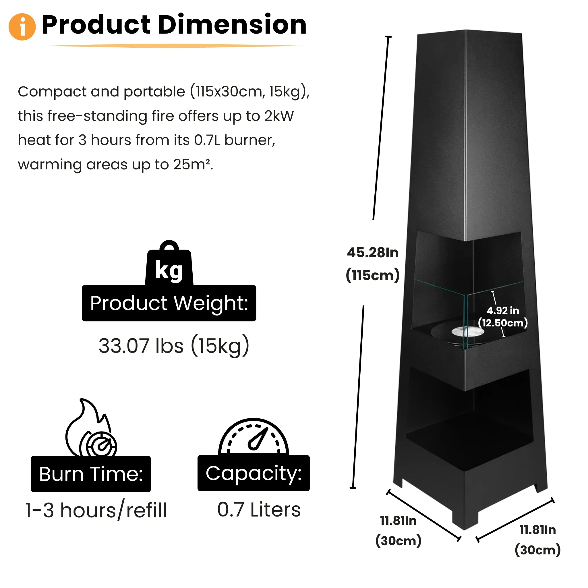 Product Dimensions of an outdoor or indoor bio fuel fireplace
