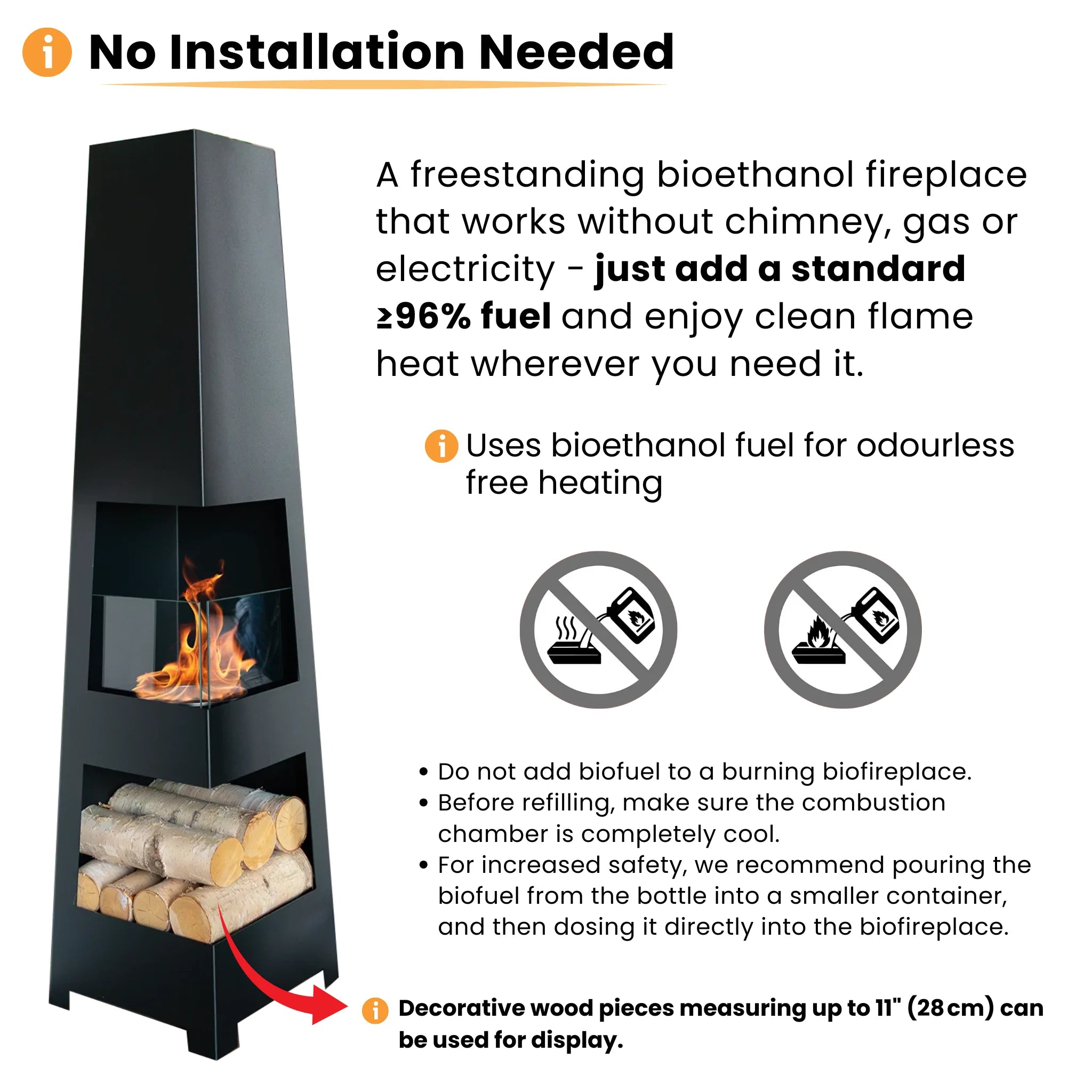 Freestanding bioethanol fireplace that works without chimney gas or electricity