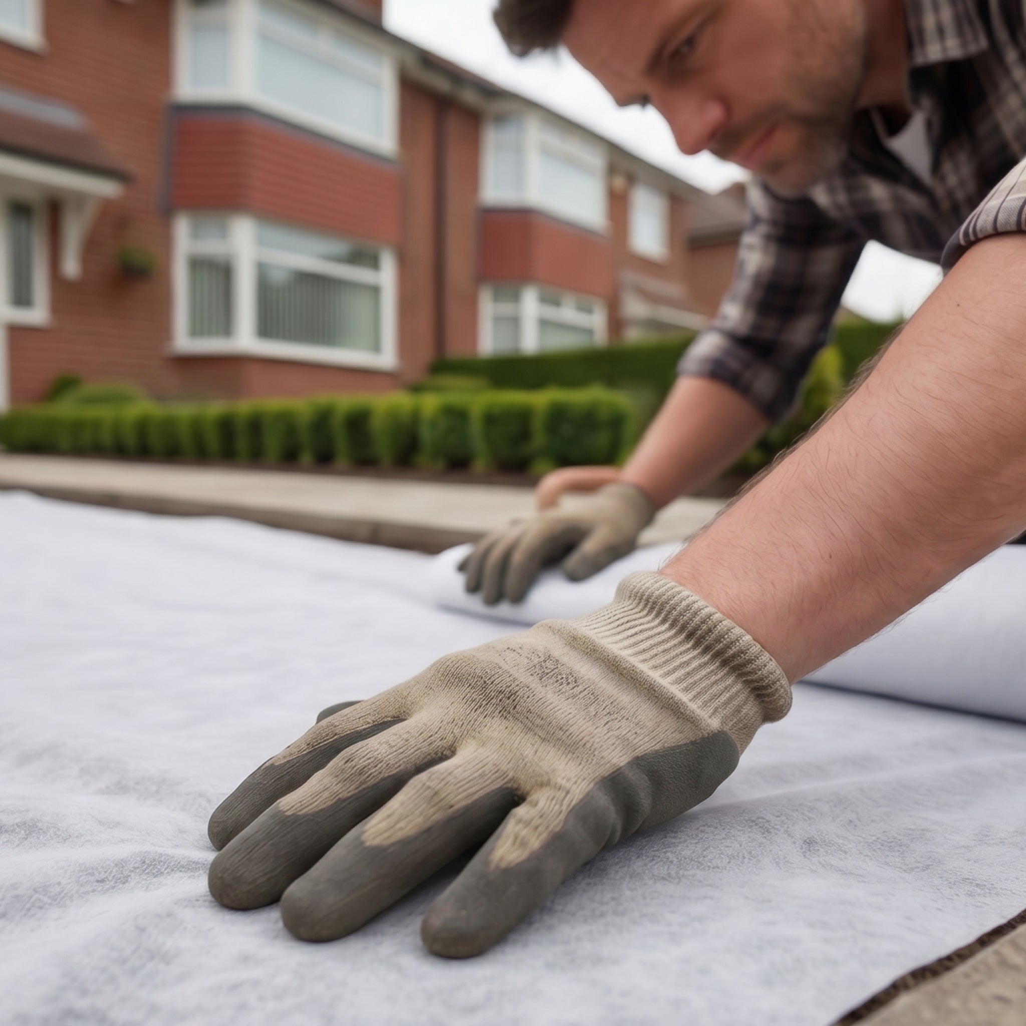 Man laying white geotextile membrane