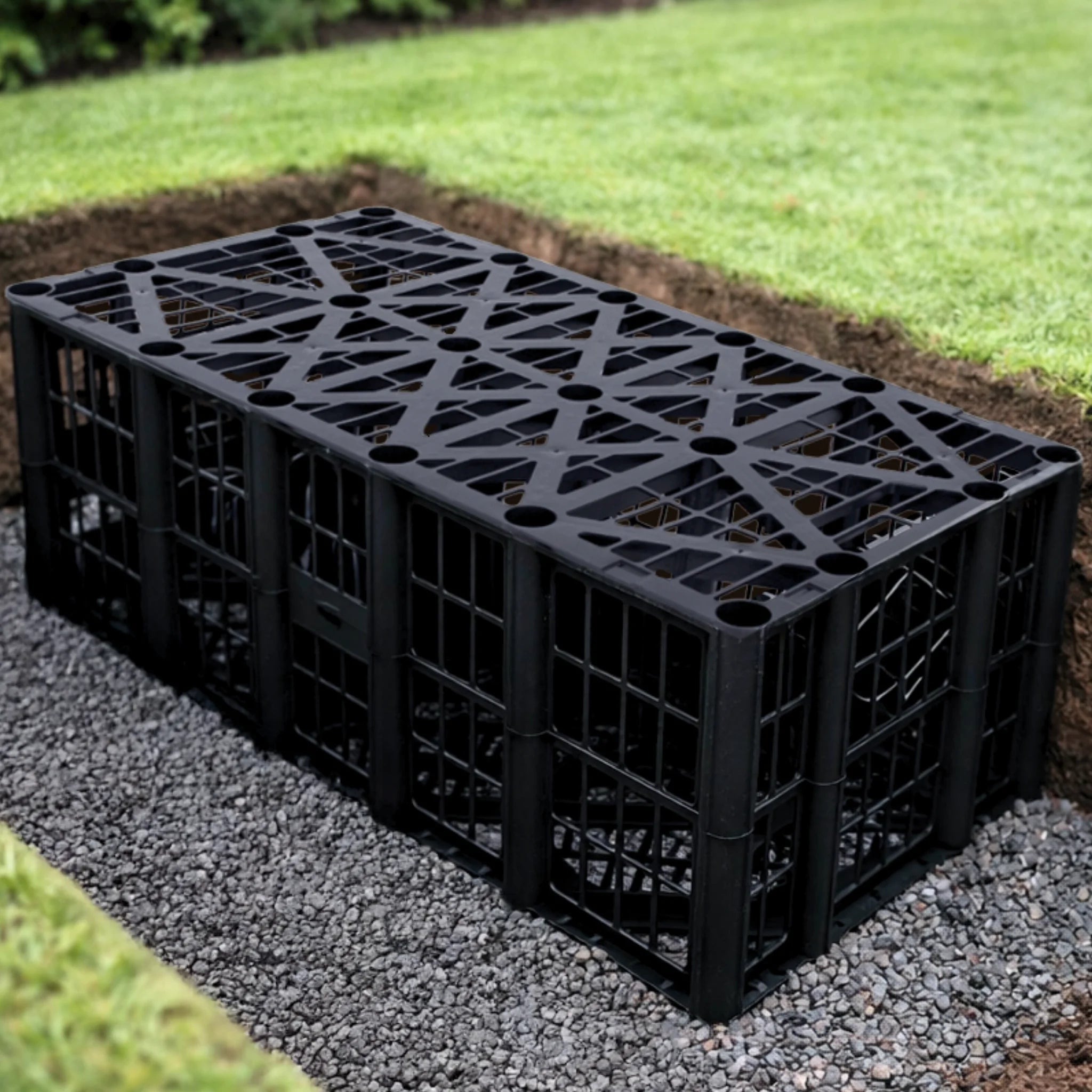 Durable black plastic soakaway crate on ground