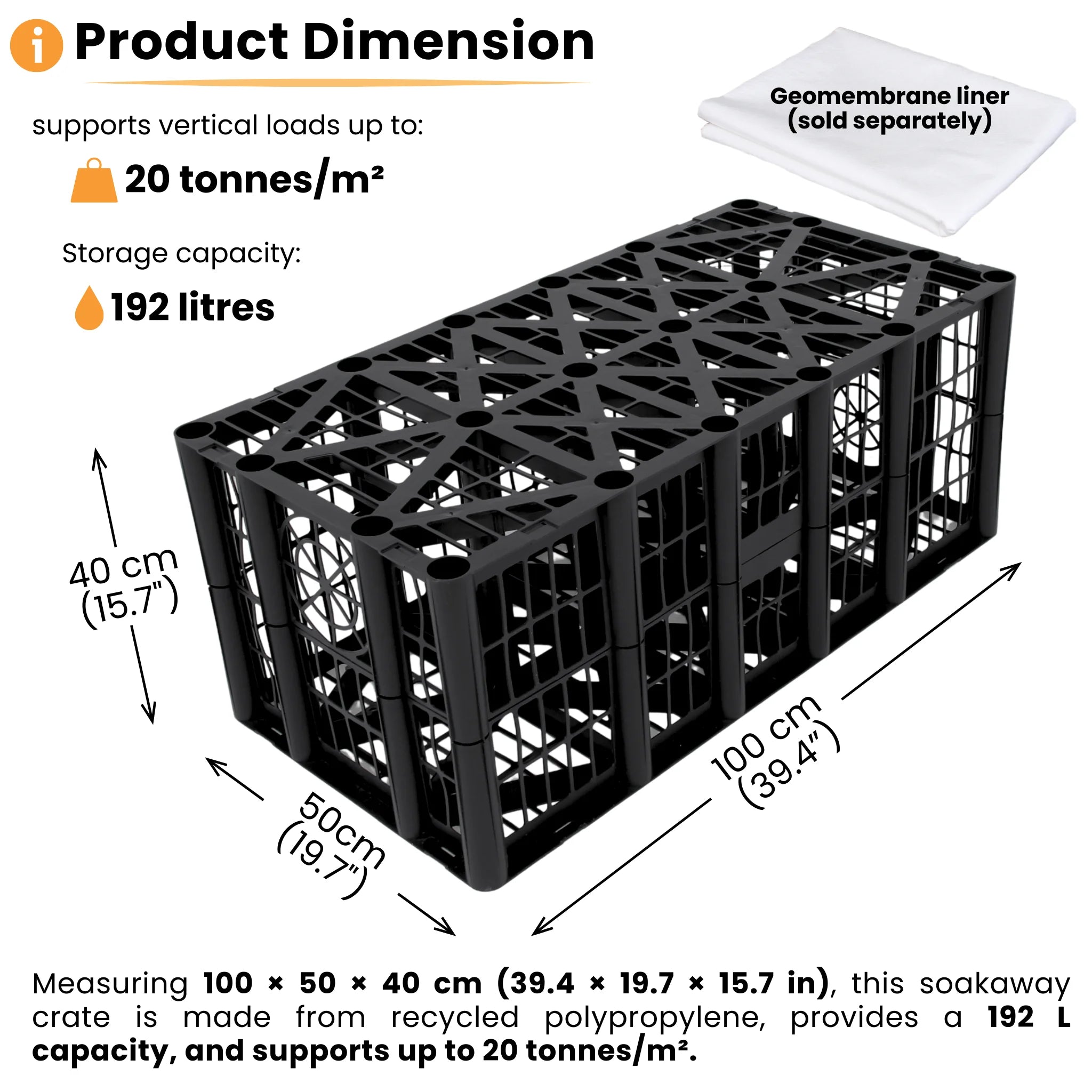 Soakaway crate dimensions and load capacity diagram