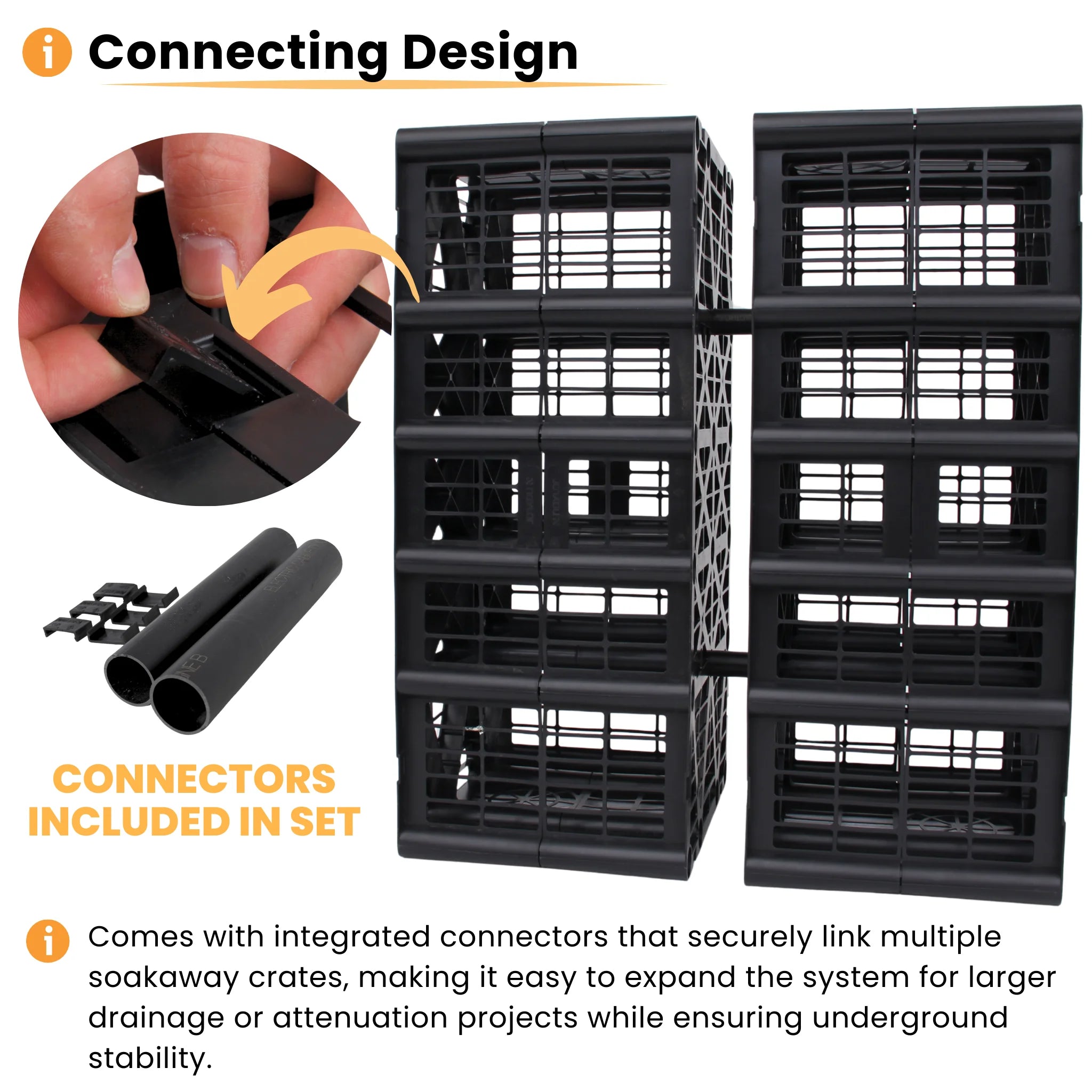 Soakaway crates with integrated connecting system