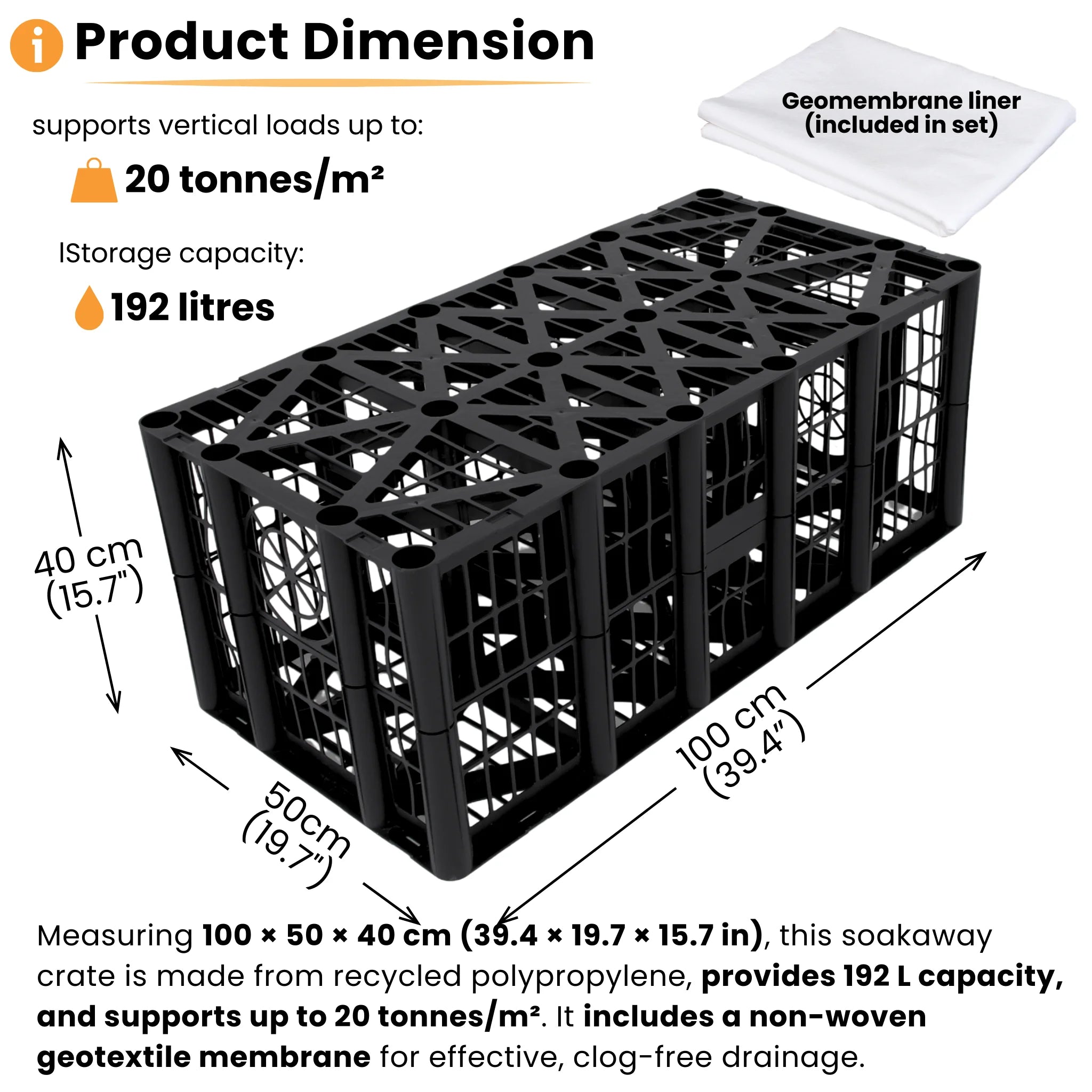Soakaway crate dimensions and load capacity diagram