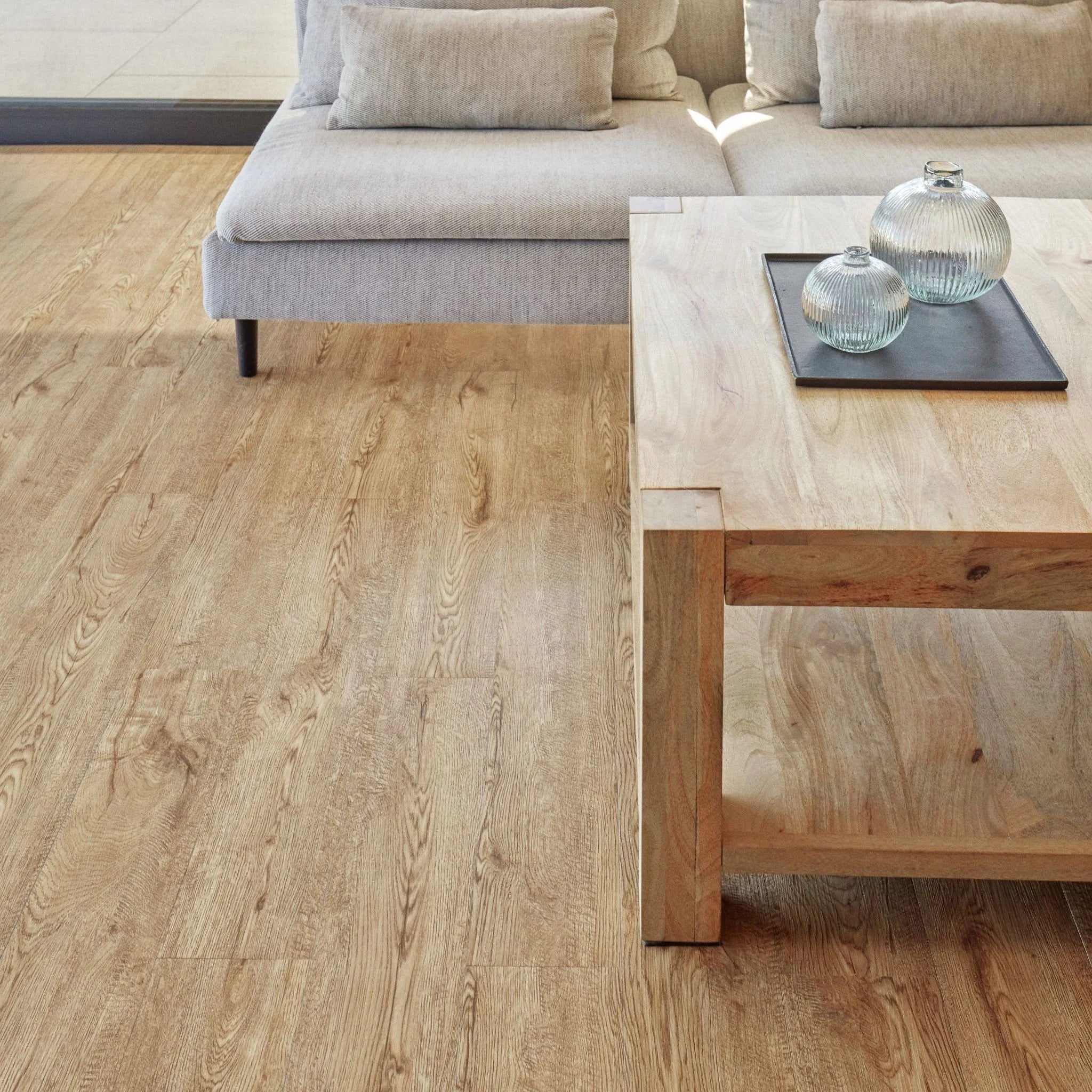 dark beige wooden floor planks in a cozy living room