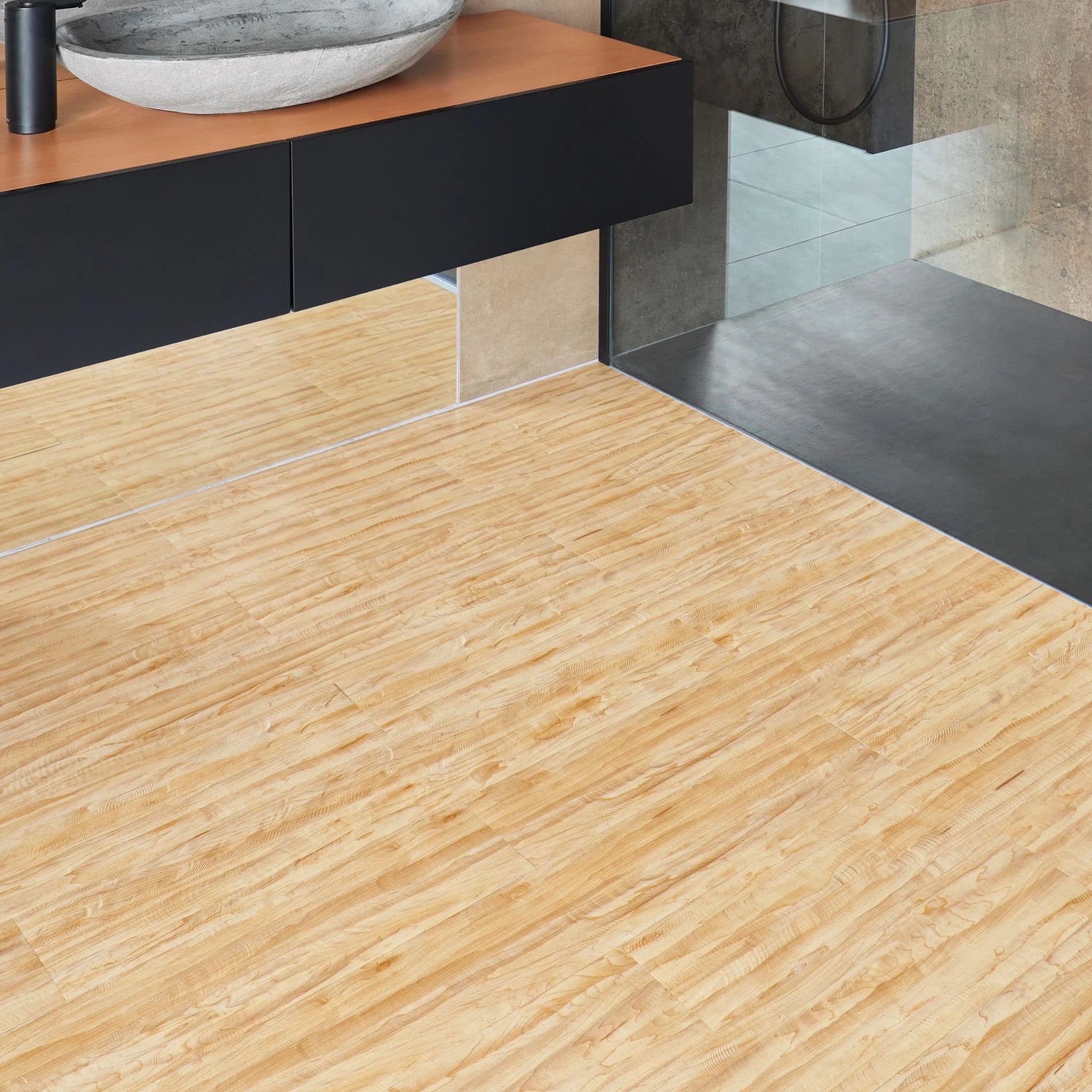 Honey vinyl wooden flooring in a modern bathroom setting
