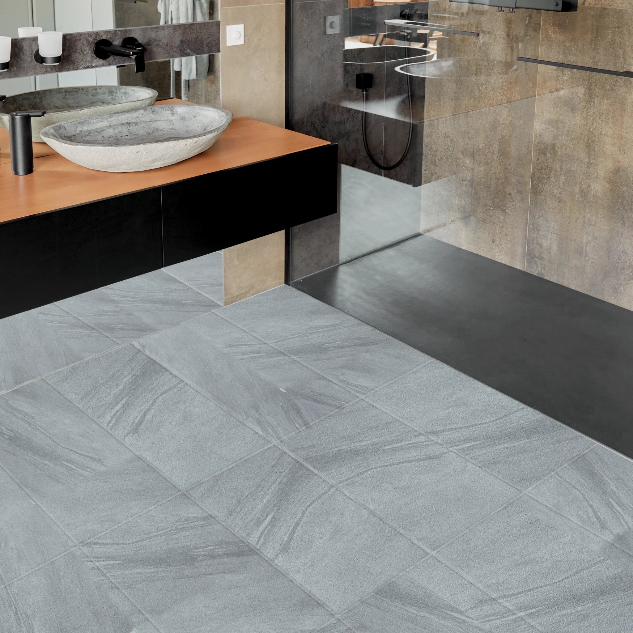 cozy bathroom with large rectangular grey white marble tile flooring