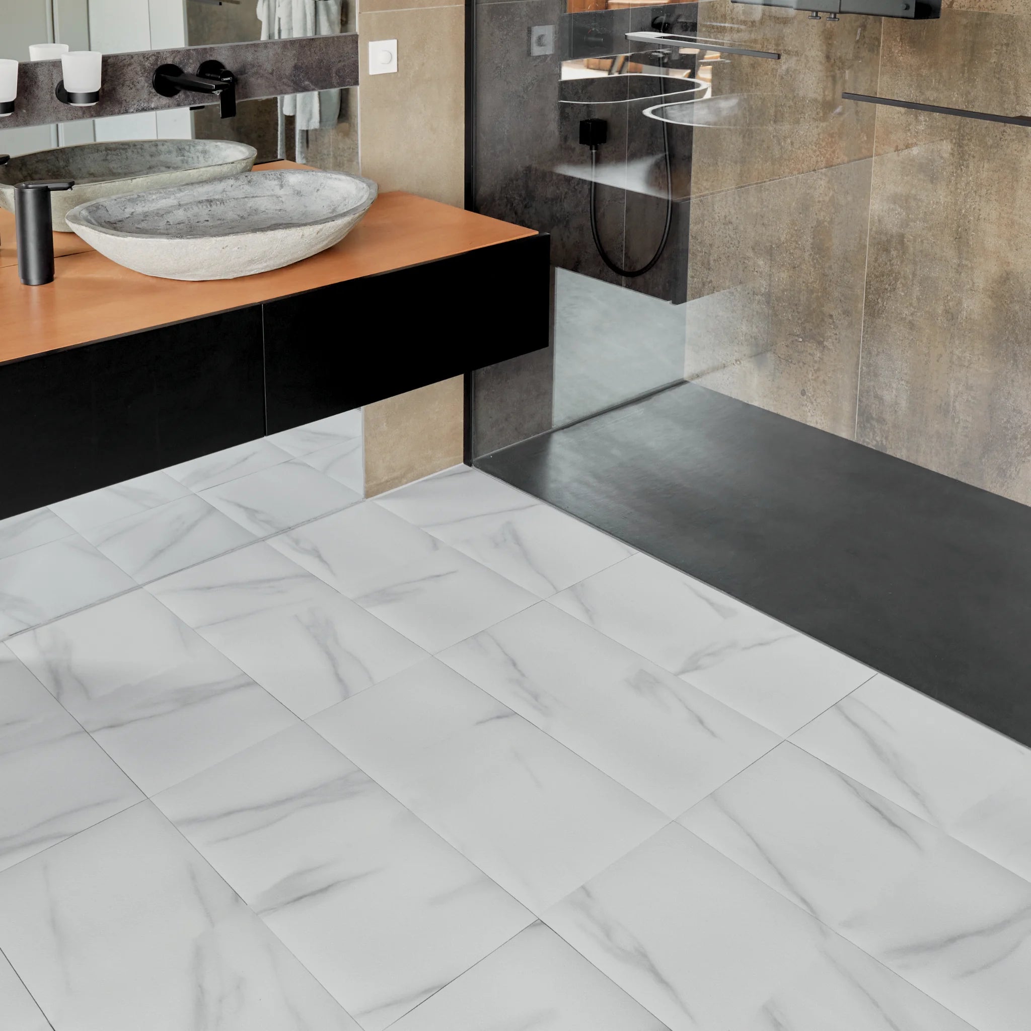 cozy bathroom with large rectangular white marble tile flooring