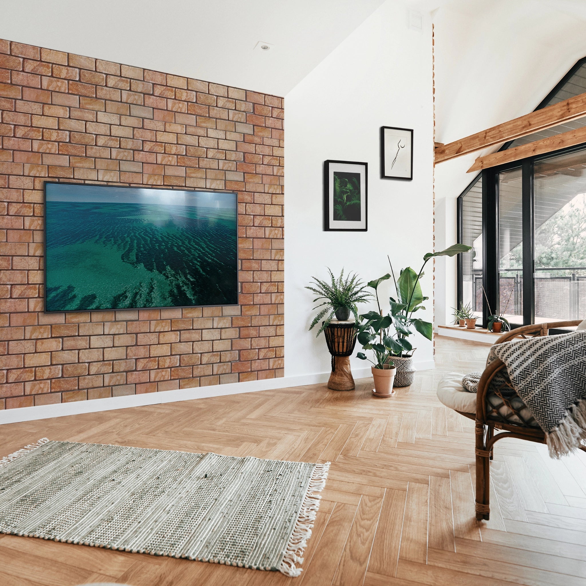 Modern living room with light brown wall panel featuring geometric patterns