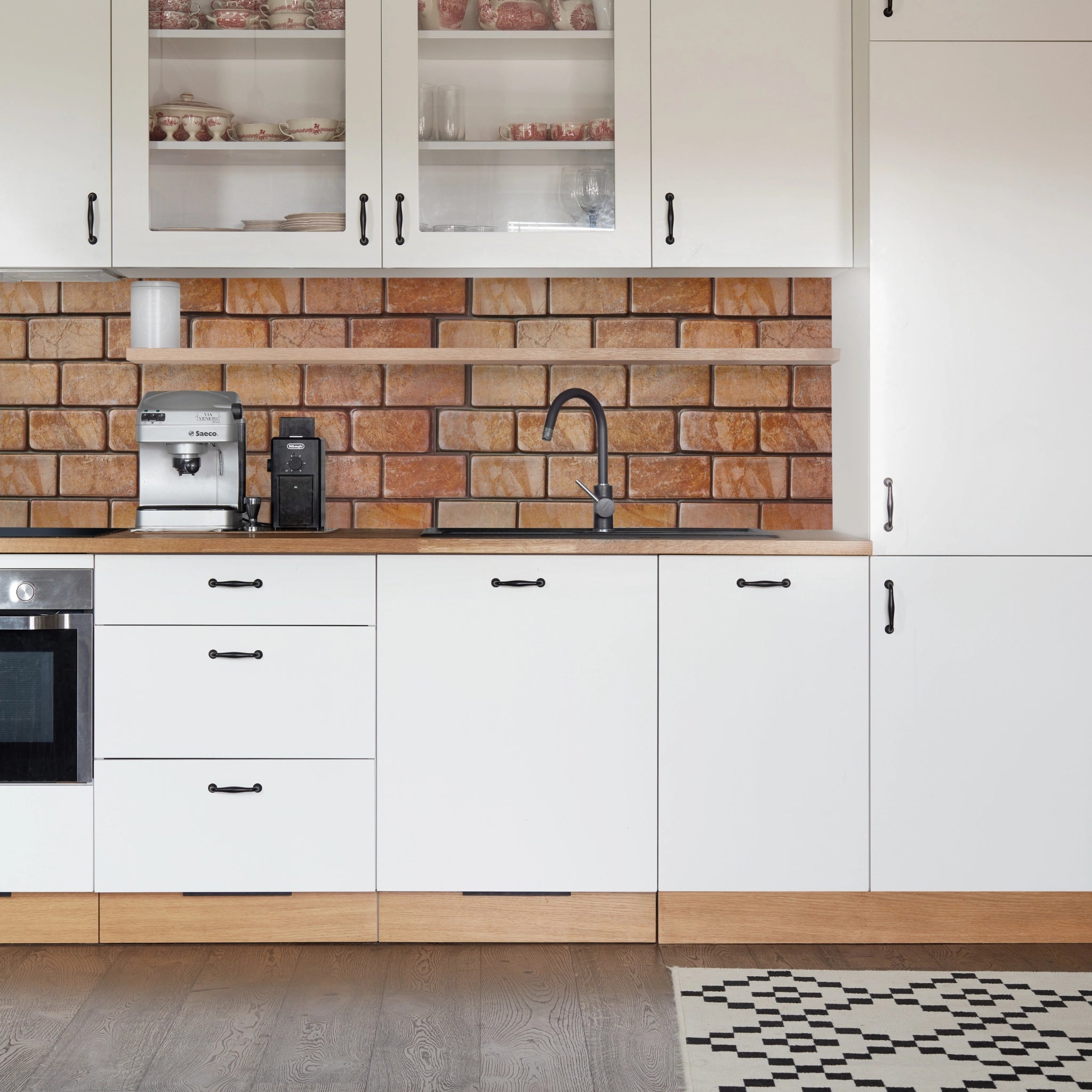 Kitchen with light  brown geometric-patterned wall panels and modern decor