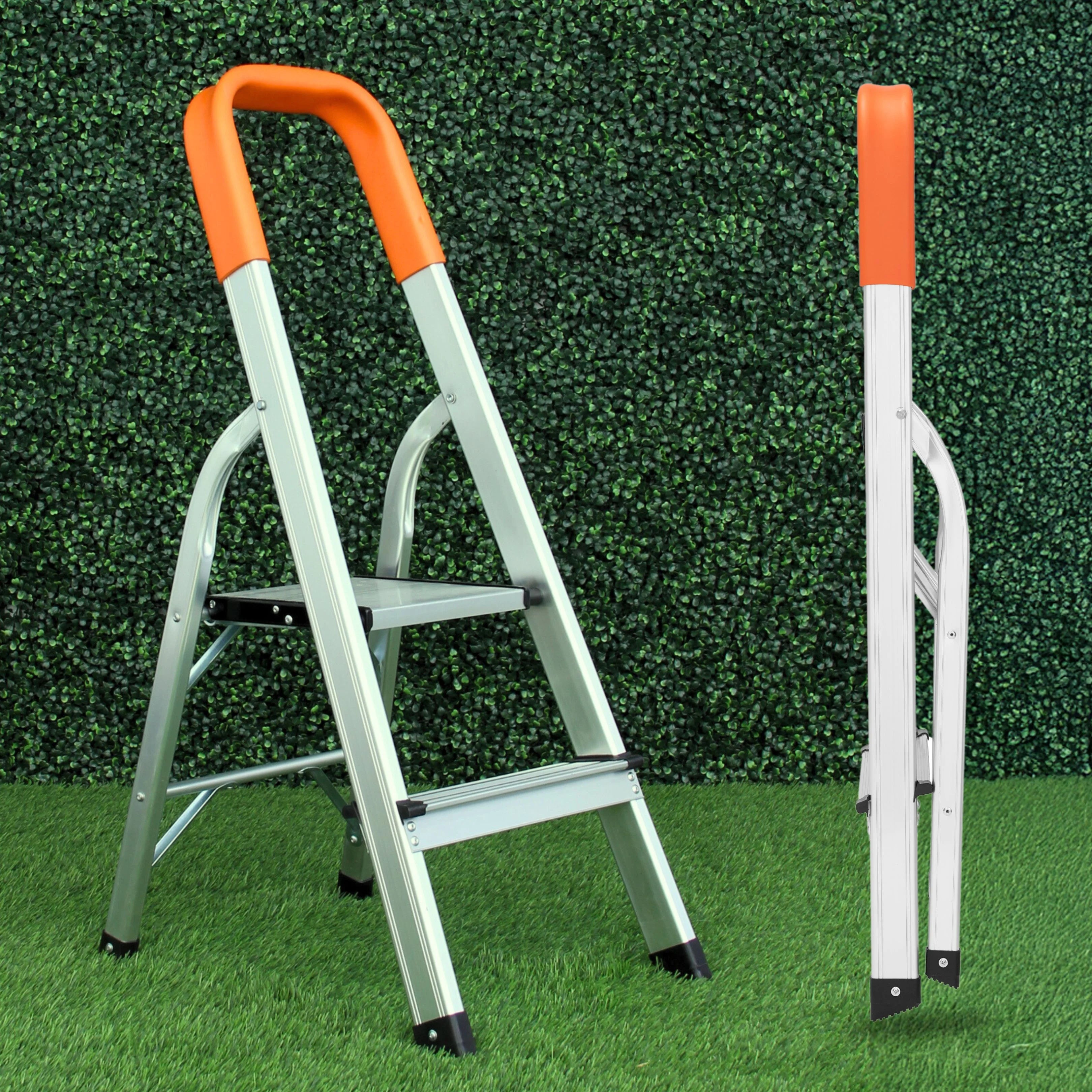 Sturdy 2 step ladders view open folded from side