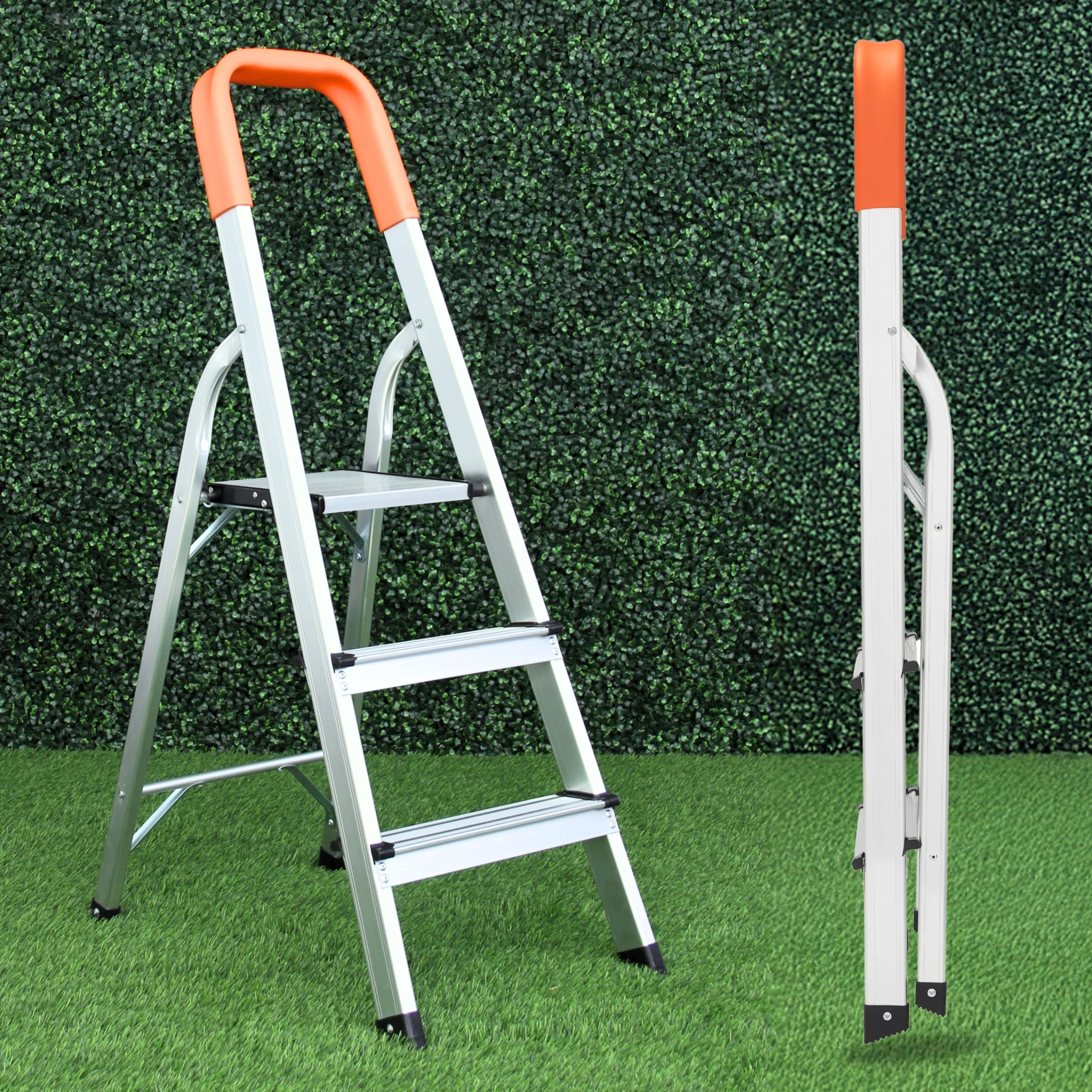 Sturdy 3 step ladders view open folded from side