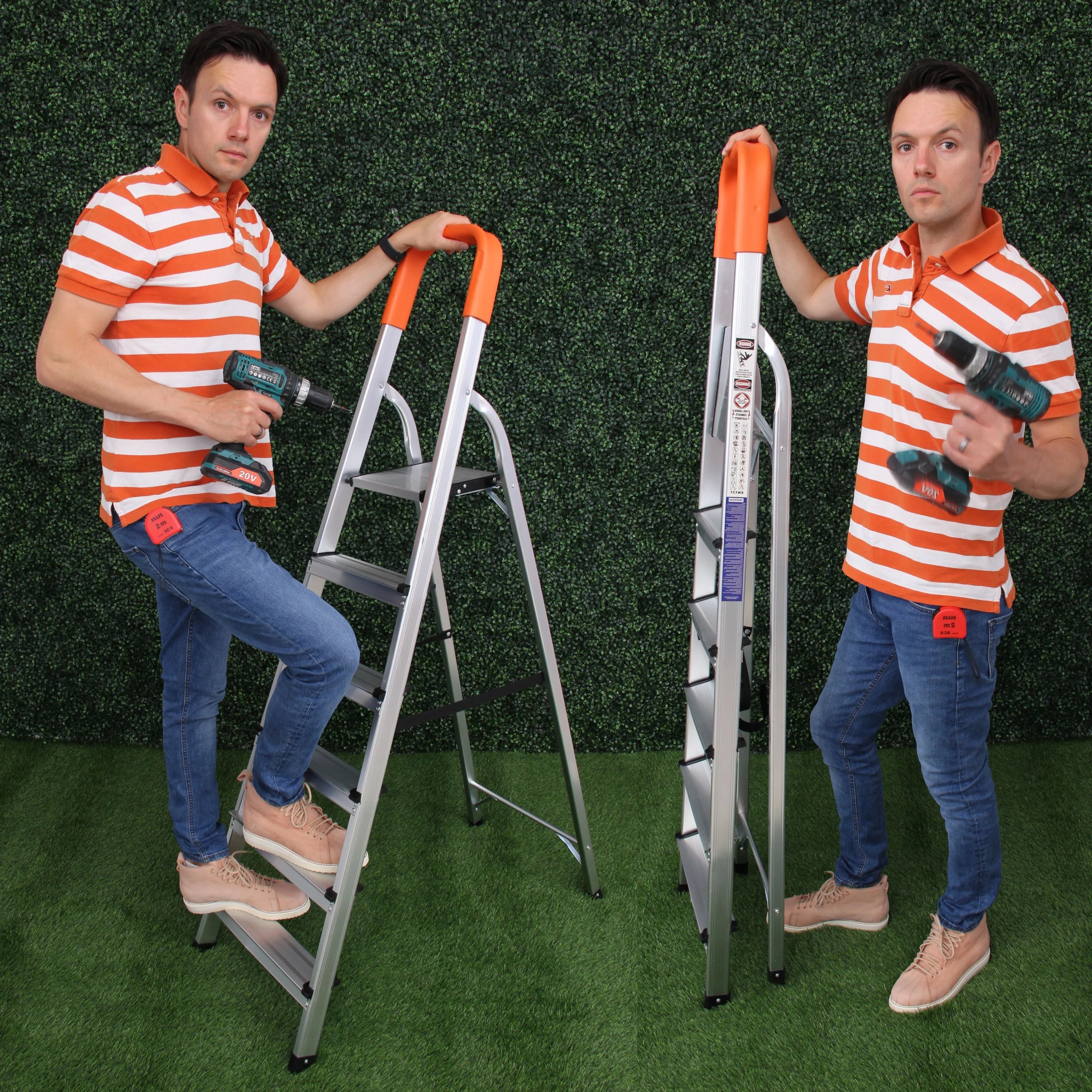 Demonstrating a 6 step aluminum ladder height