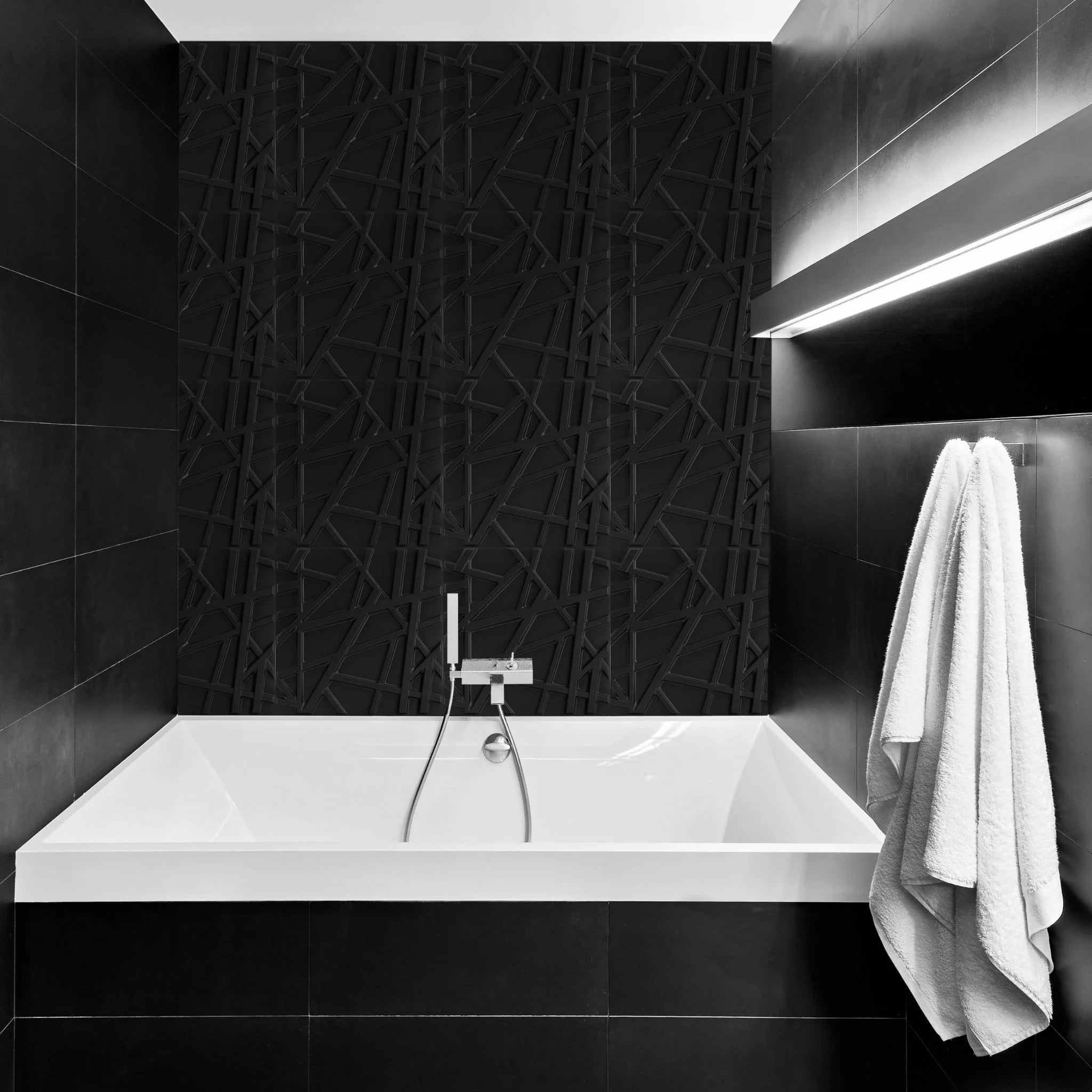 Grey PVC wall panel with crisscross design in modern bathroom.