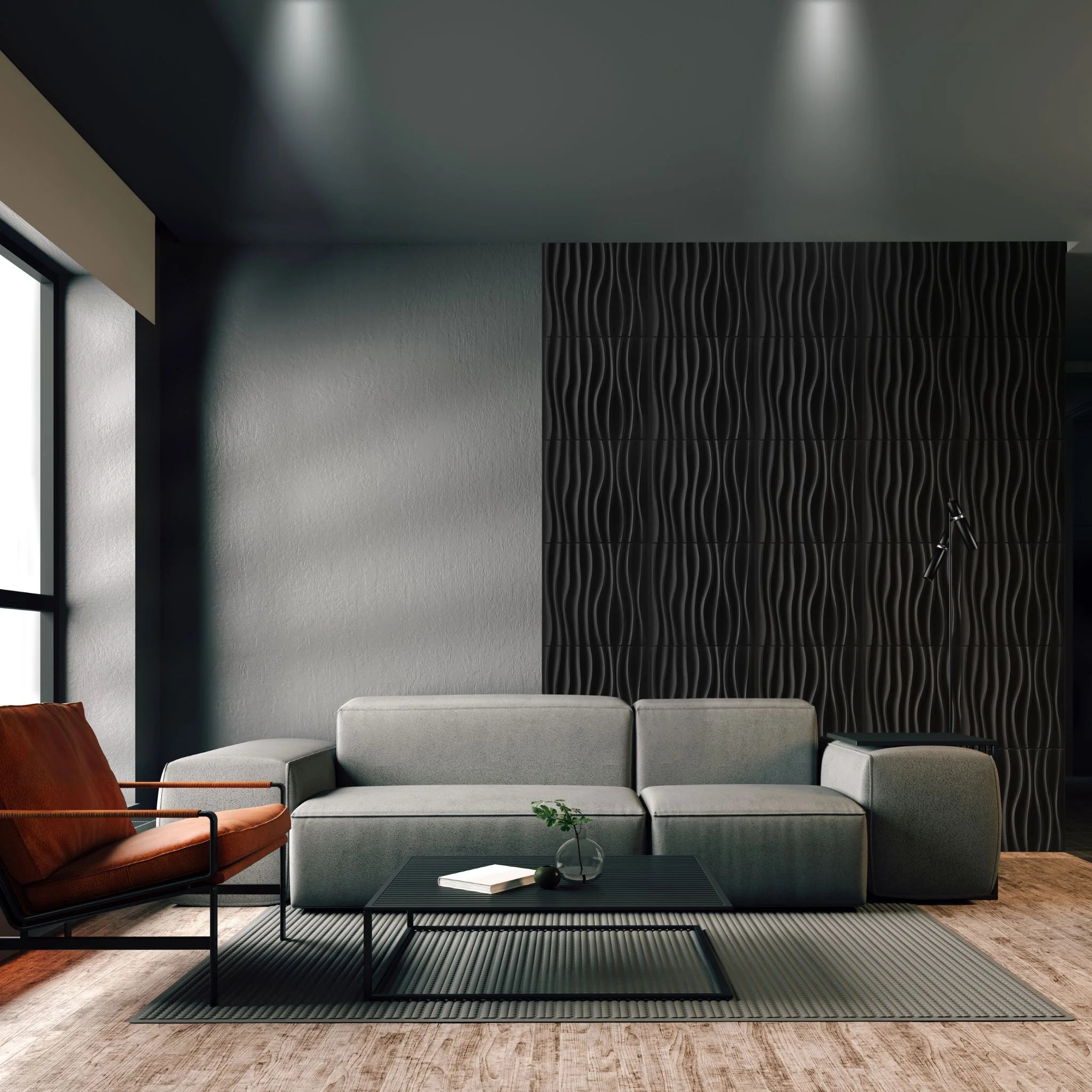Black PVC wall panel with wavy design in stylish living room