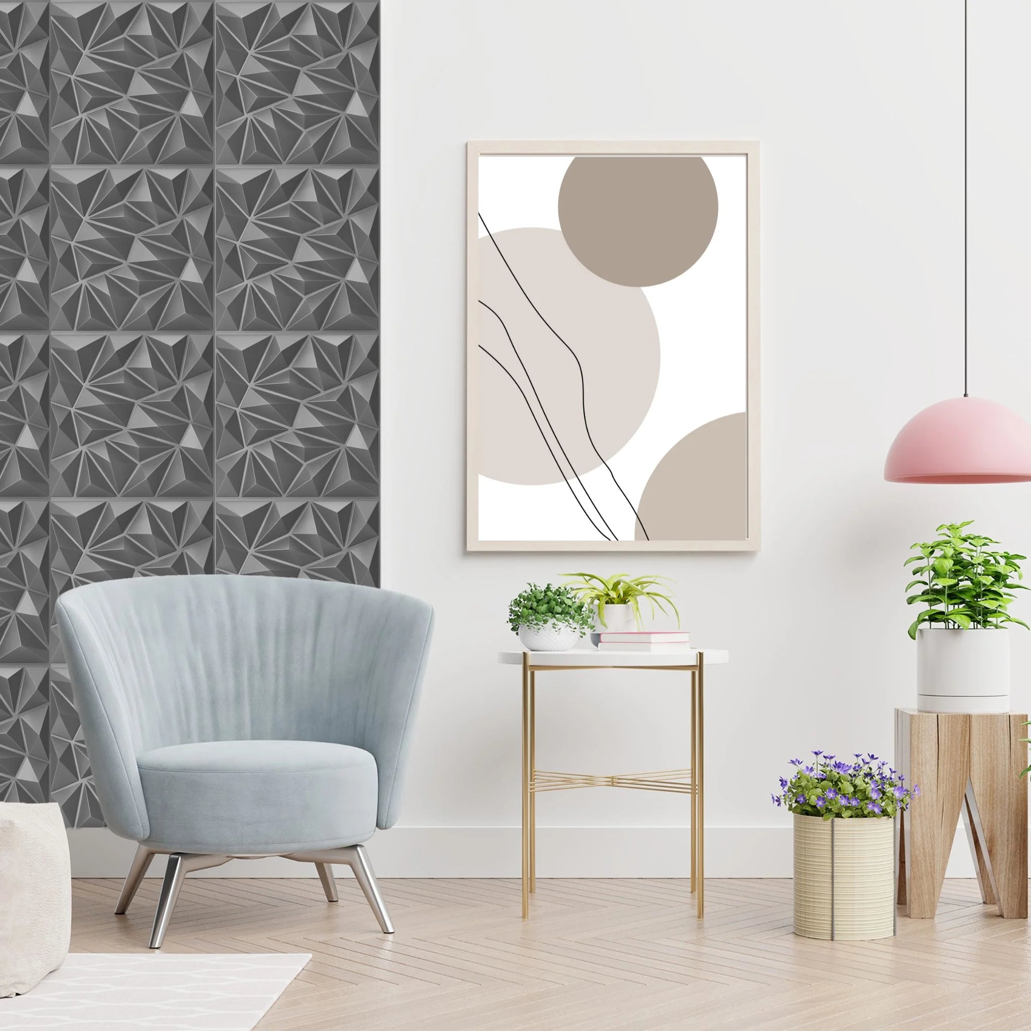 Living room with silver geometric-patterned PVC wall panels and modern decor