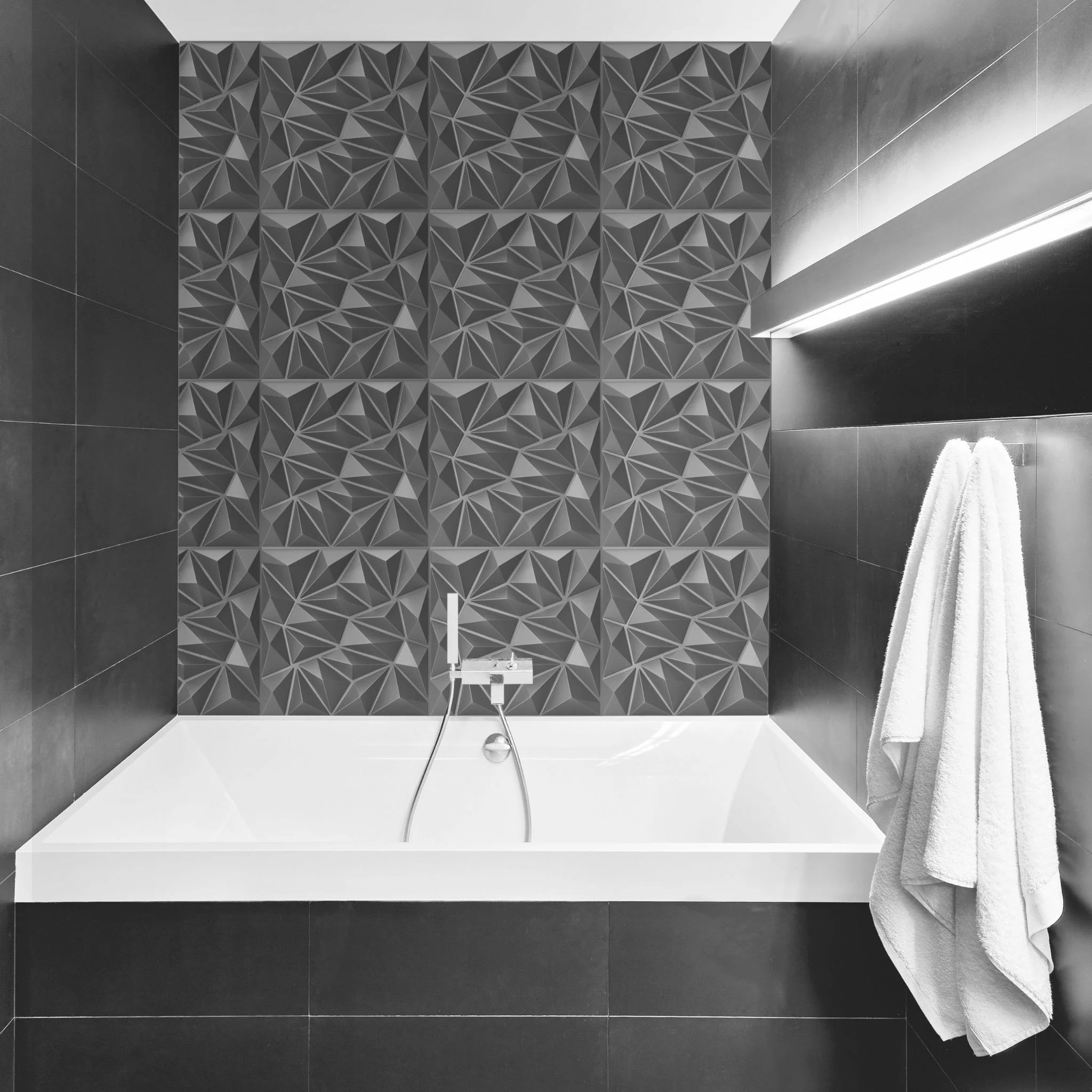 Bathroom with silver geometric-patterned PVC wall panels and modern furniture