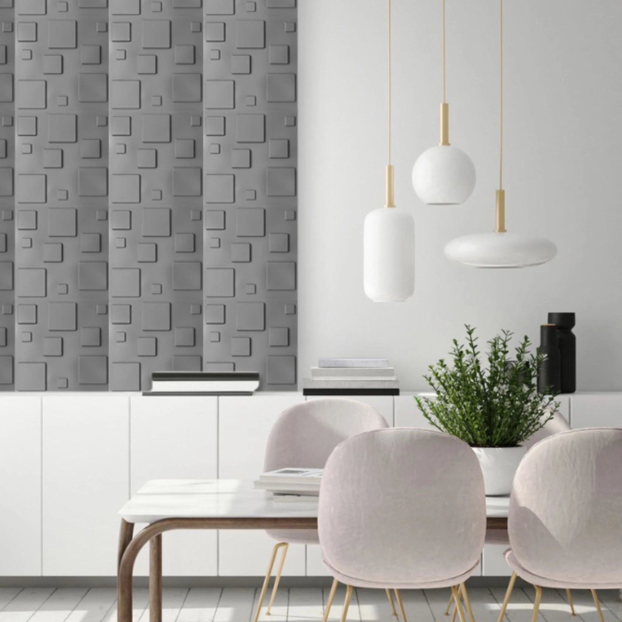 Modern living room with silver PVC wall panel featuring square patterns