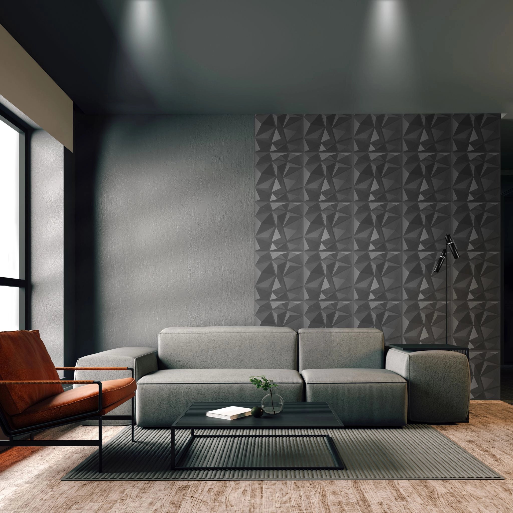 Silver PVC wall panel with geometric design in stylish living room