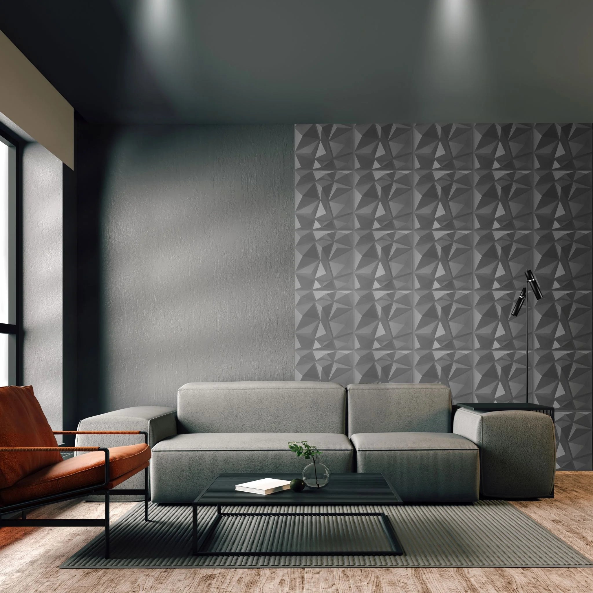 Modern living room with silver PVC wall panel featuring square patterns