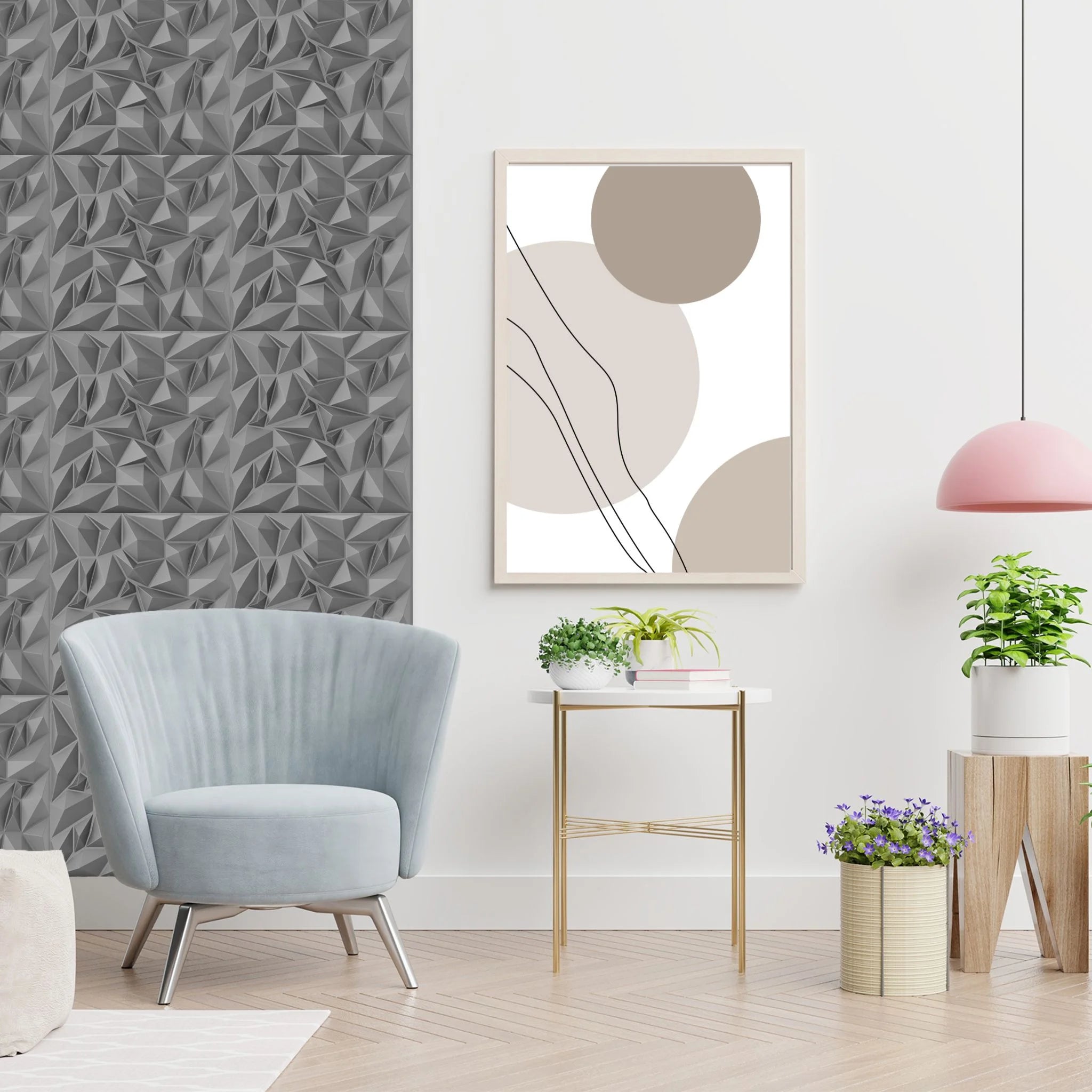 Dining room with silver geometric-patterned PVC wall panels and modern decor