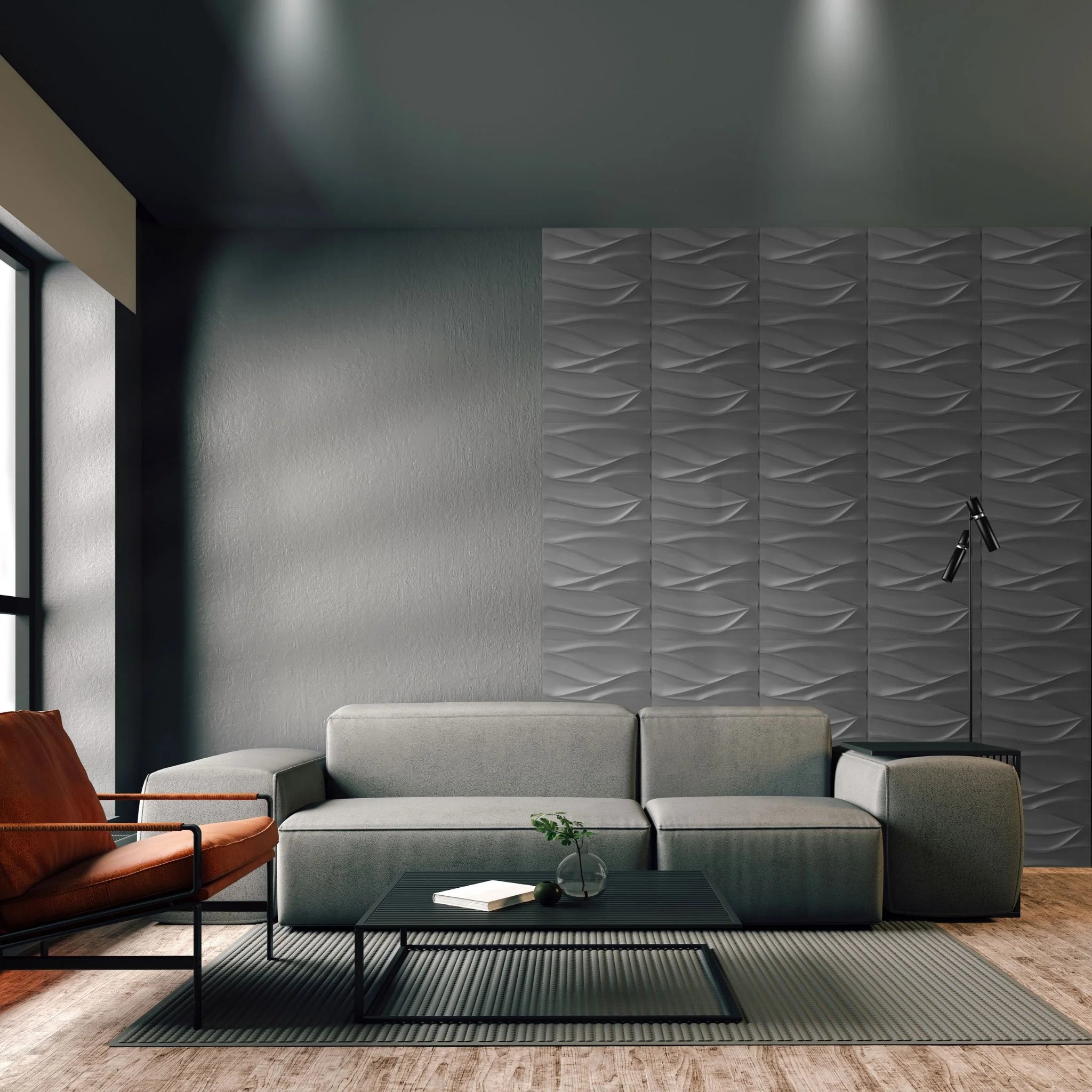 Modern living room with silver PVC wall panel featuring wavy patterns