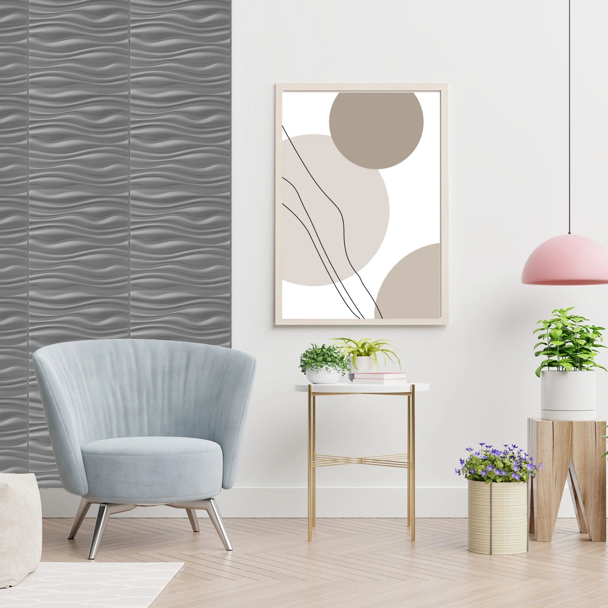 Dining room with silver wavy-patterned PVC wall panels and modern decor