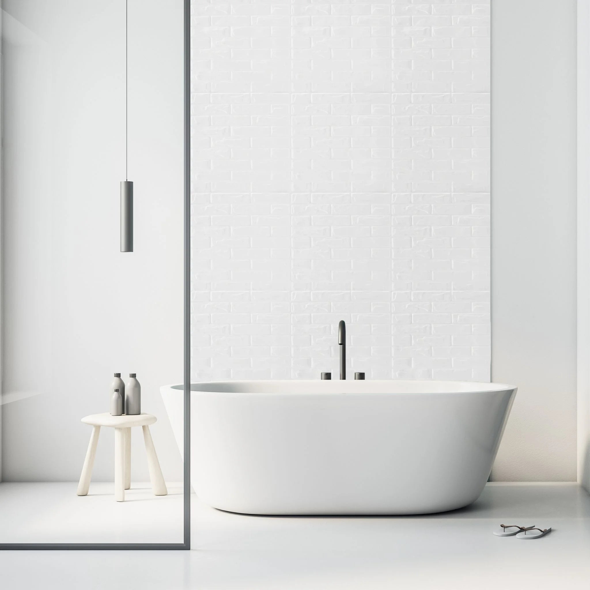 Bathroom with white brick-patterned PVC wall panels and modern furniture