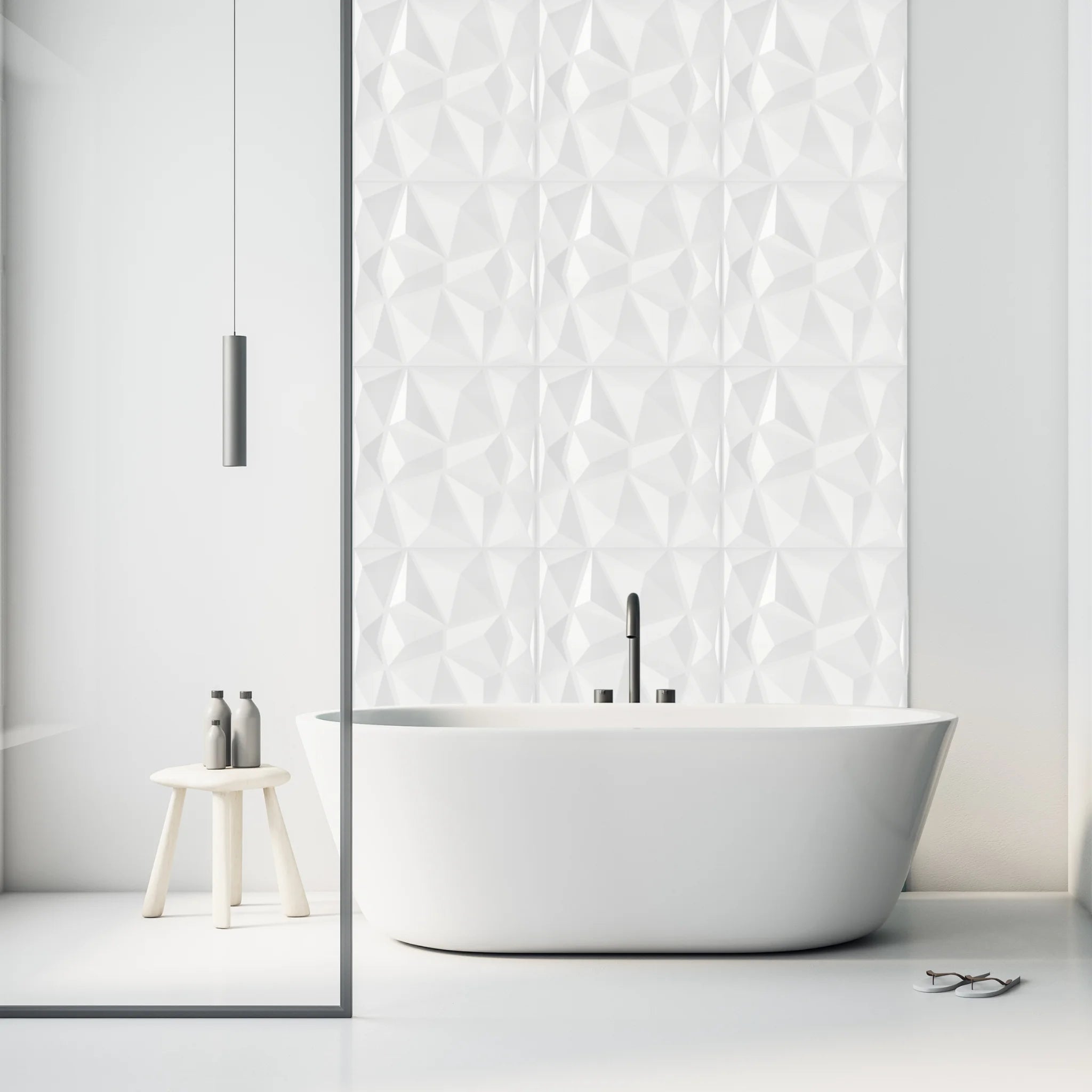Bathroom with white diamond-patterned PVC wall panels and modern furniture