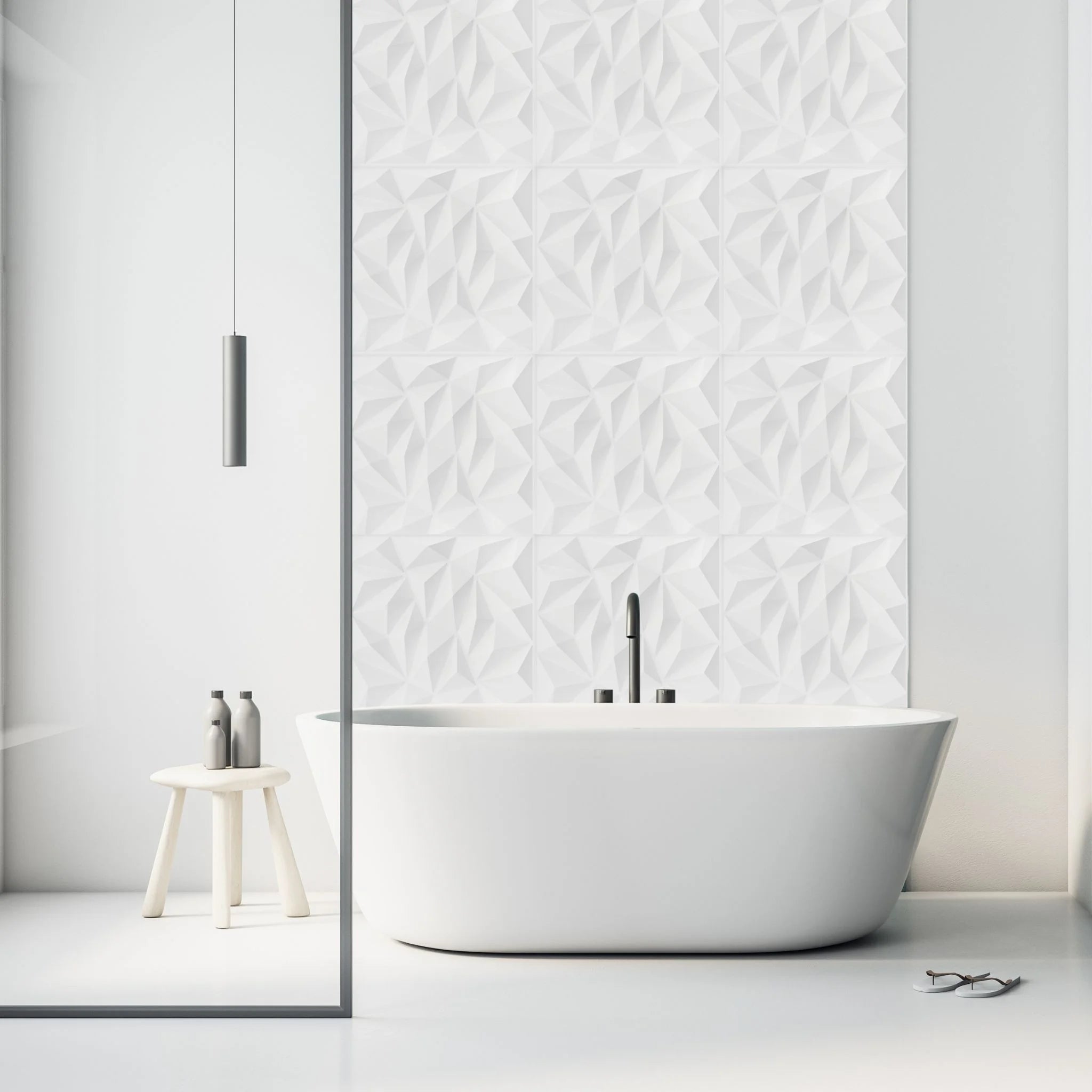 Bathroom with white geometric-patterned PVC wall panels and modern furniture