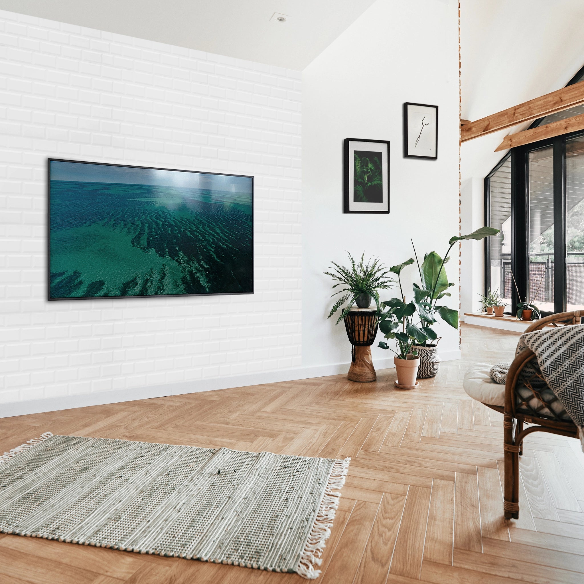 Modern living room with white wall panel featuring geometric patterns
