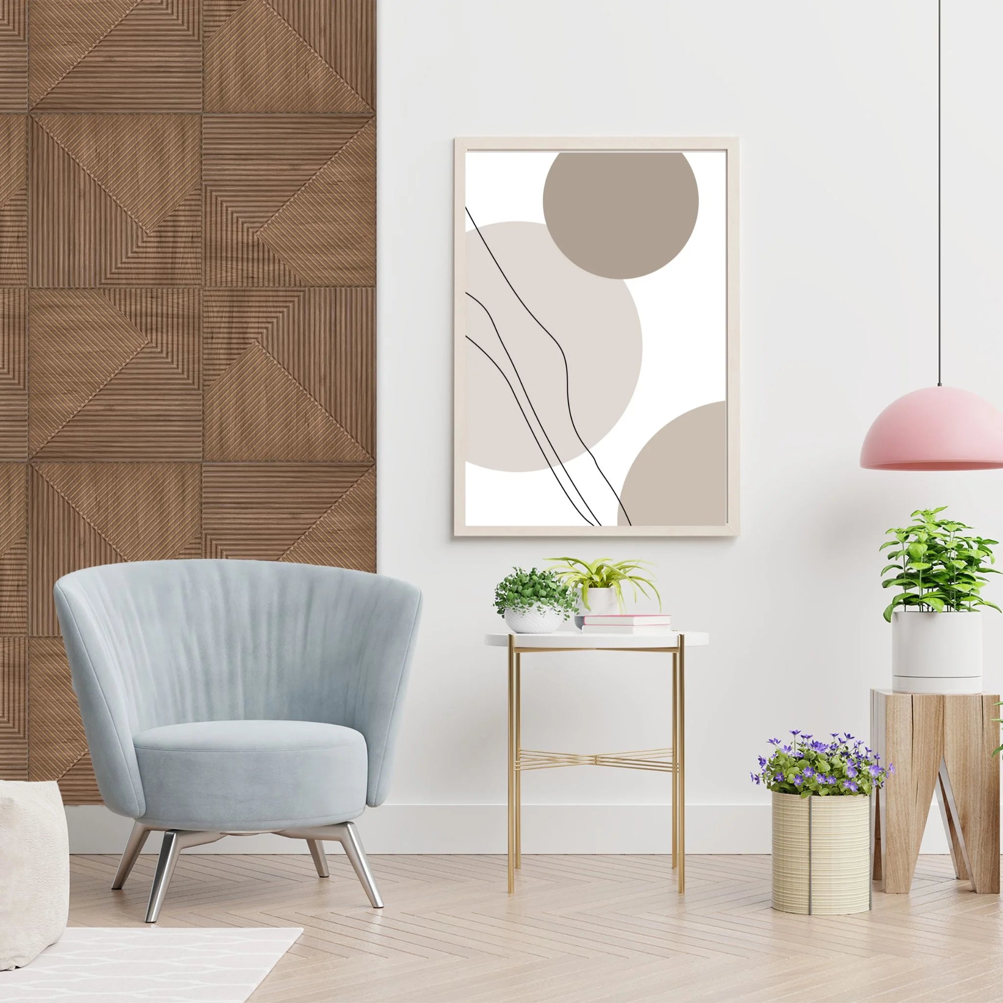 Modern dining room with wooden geometric PVC wall panels