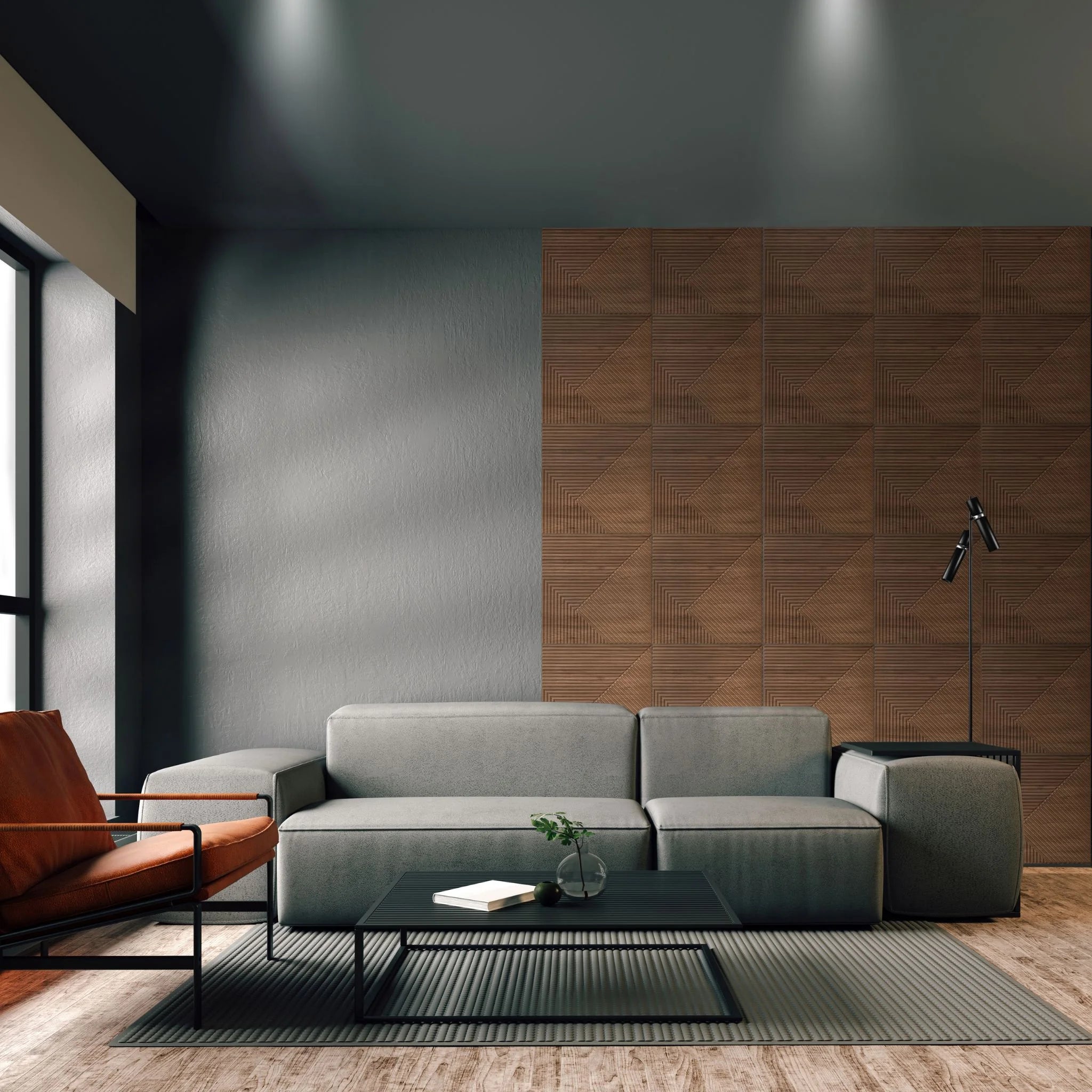 Modern living room with wooden geometric PVC wall panels