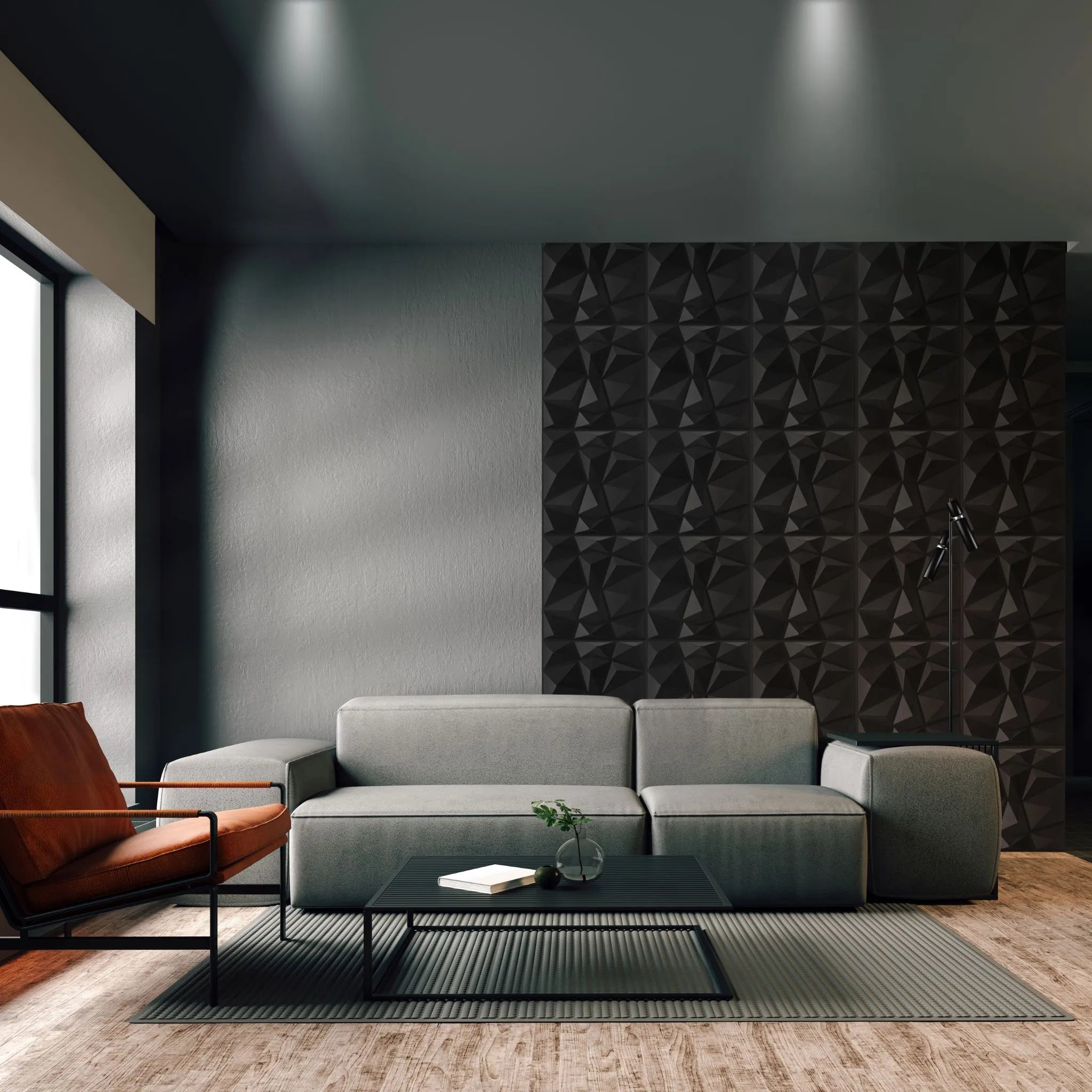 Black PVC wall panel with geometric design in stylish living room