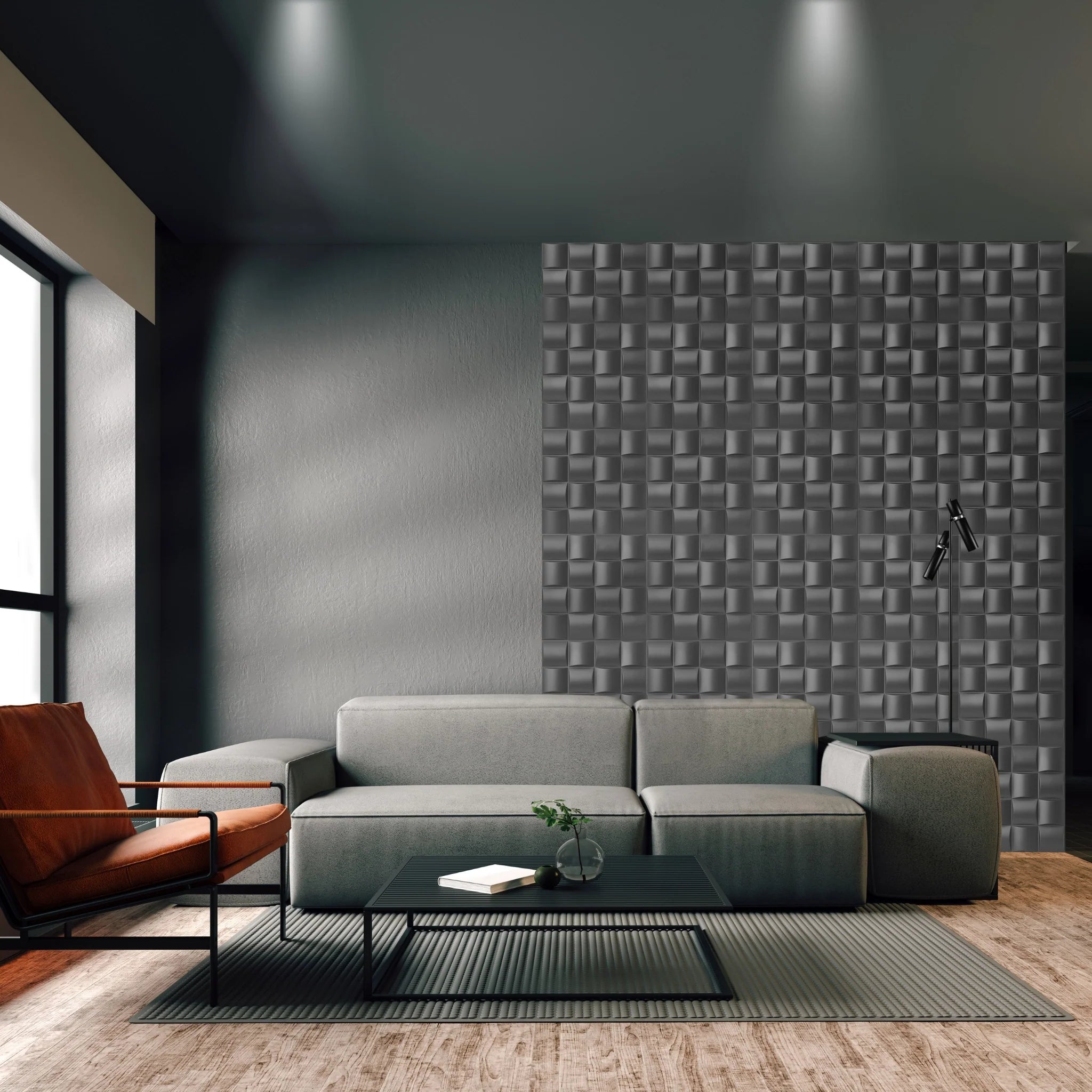 Grey PVC wall panel in contemporary living room with minimalist design