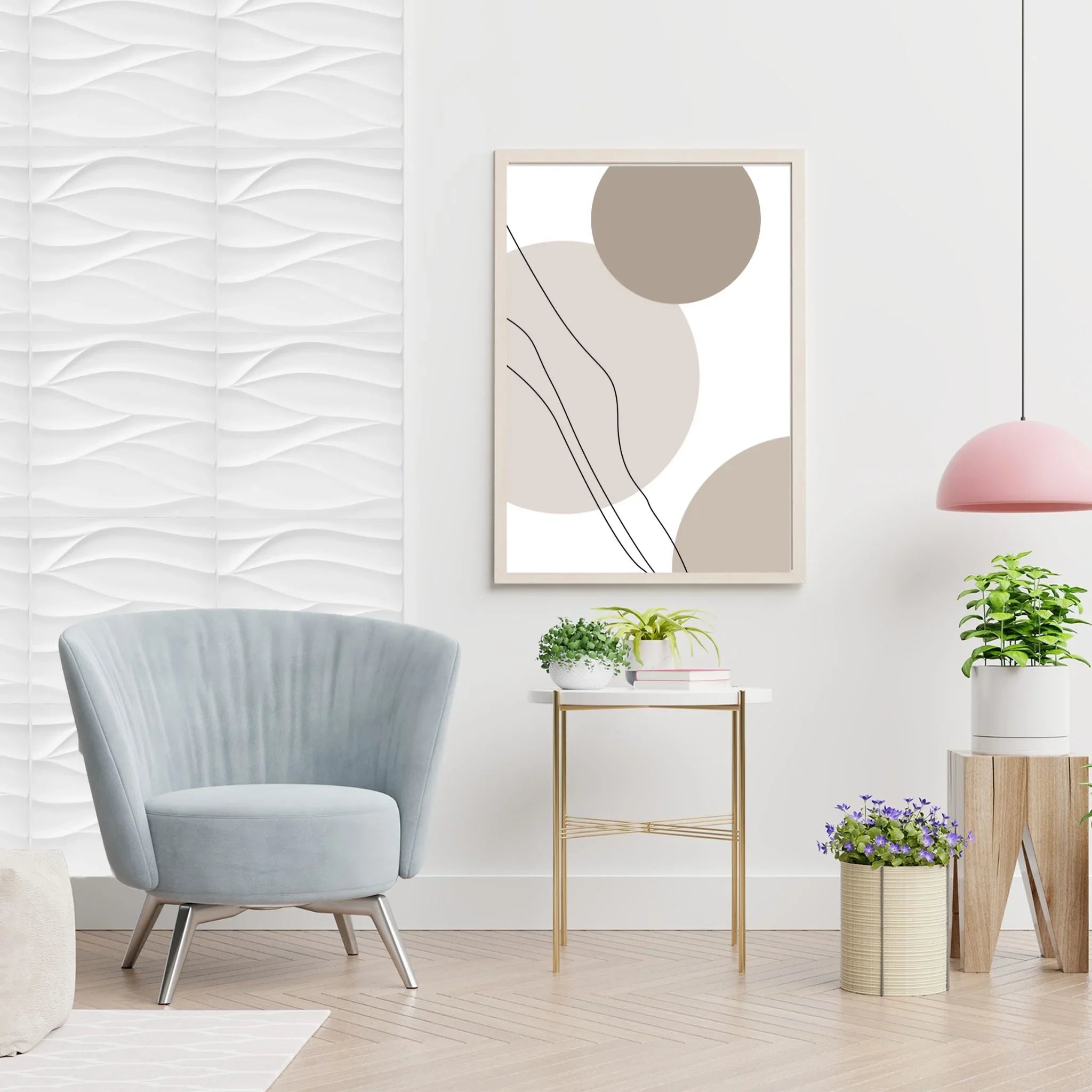 Dining room with white wavy-patterned PVC wall panels and modern decor