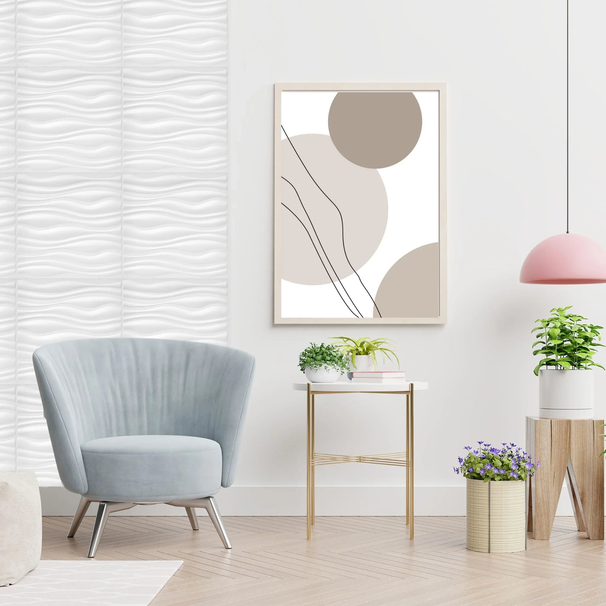 Modern living room with white wavy PVC wall panels and armchair