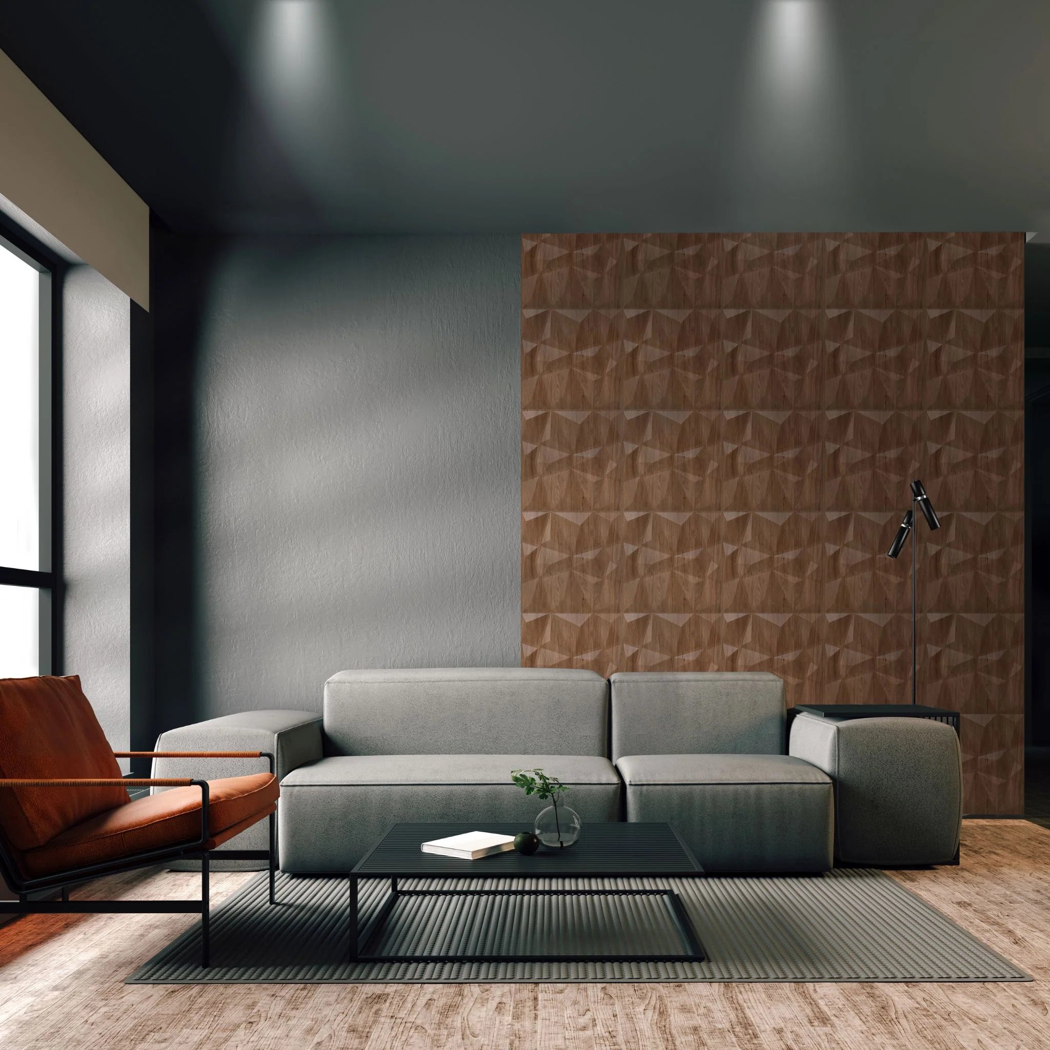 Wooden PVC wall panel with geometric design in stylish living room