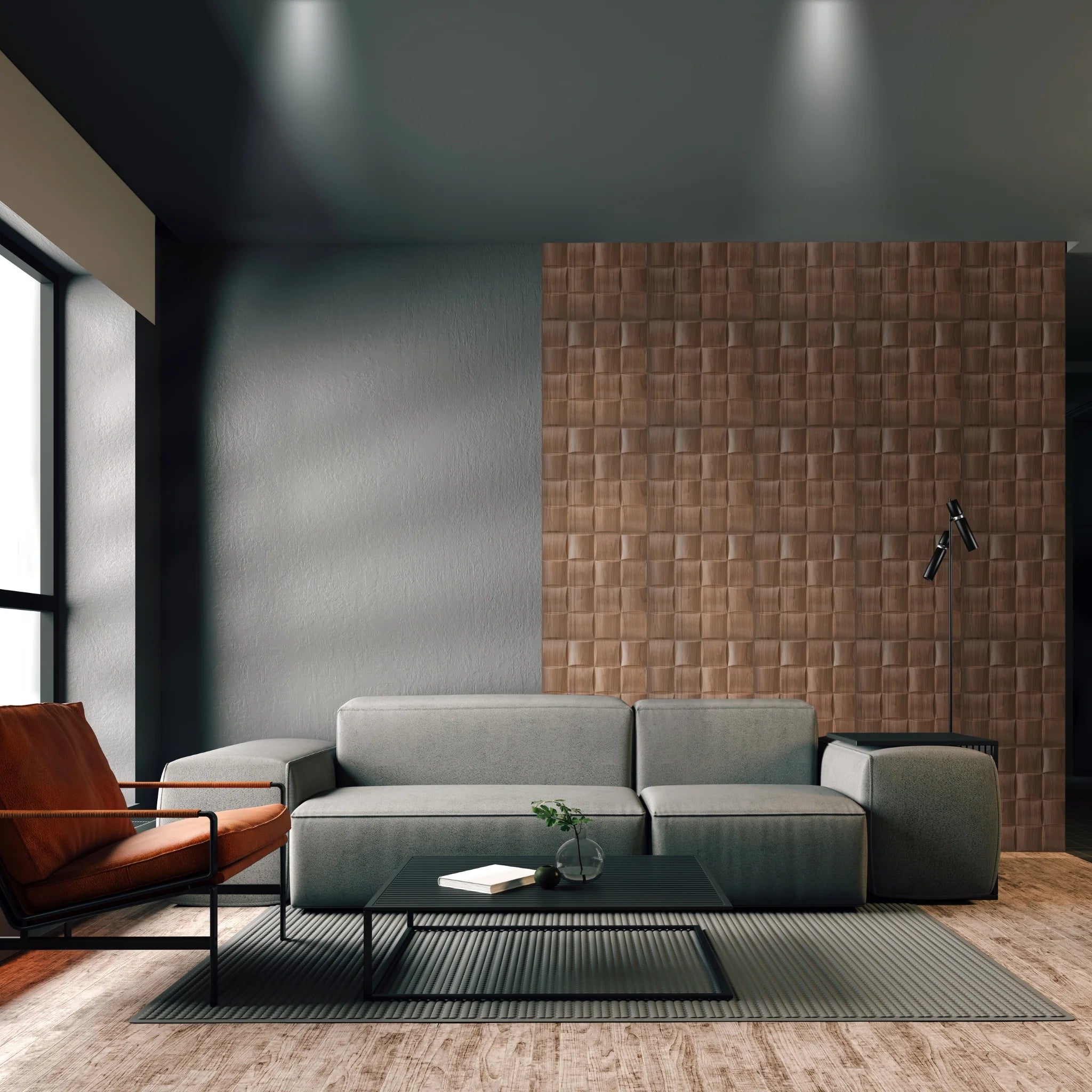 Wooden PVC wall panel in contemporary living room with minimalist design