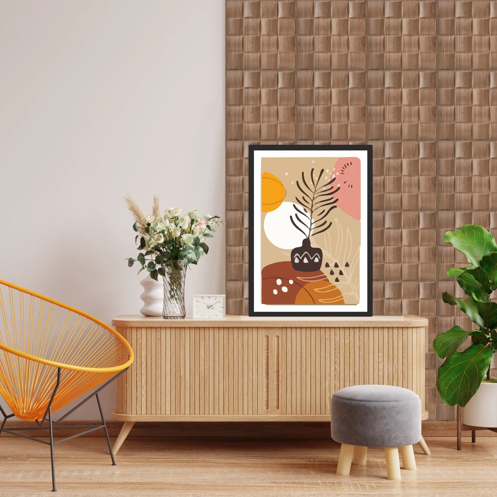 Wooden PVC wall panel in contemporary living room with minimalist design